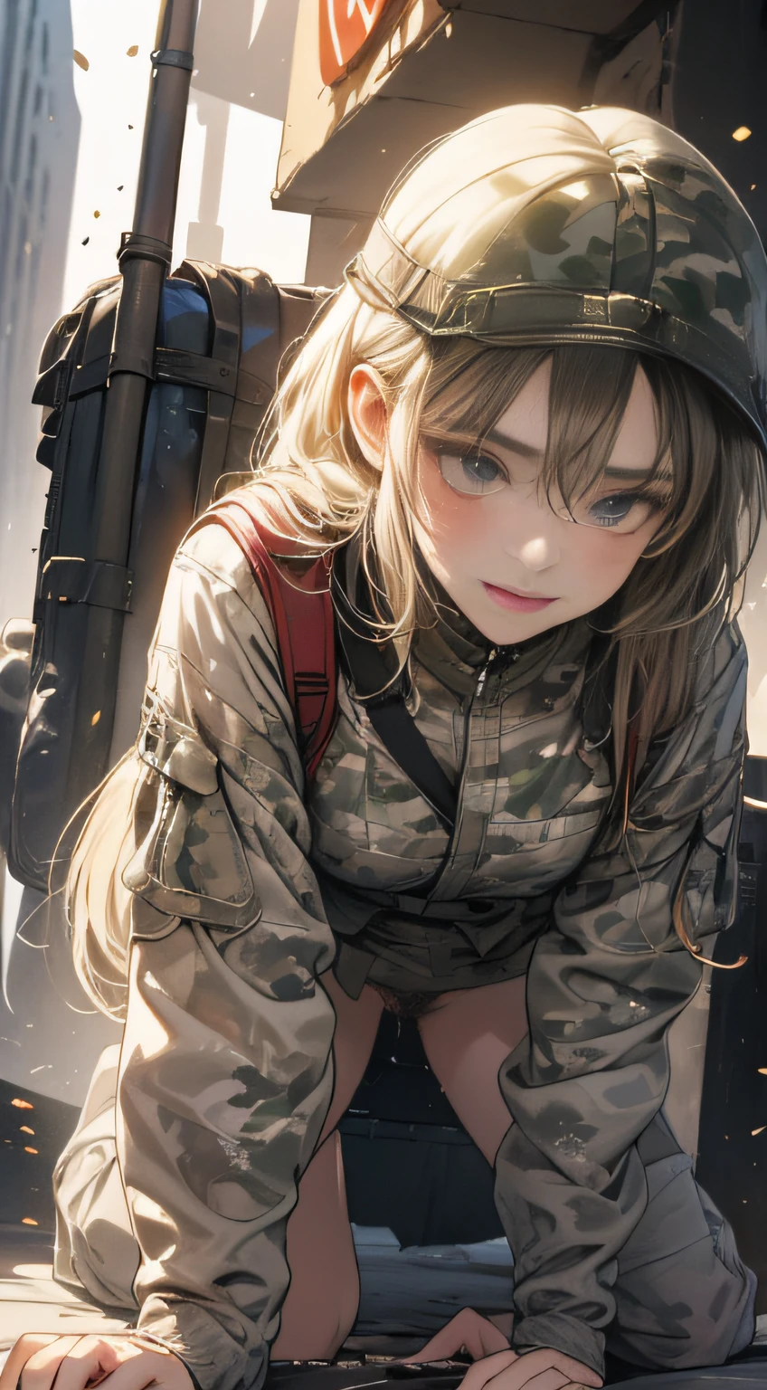 Best Quality、high-level image quality、1 girl, short-cut、a blond、camouflage uniform、Camouflage scarf around the neck、in woods、Blur the background、Camouflage paint on the face、