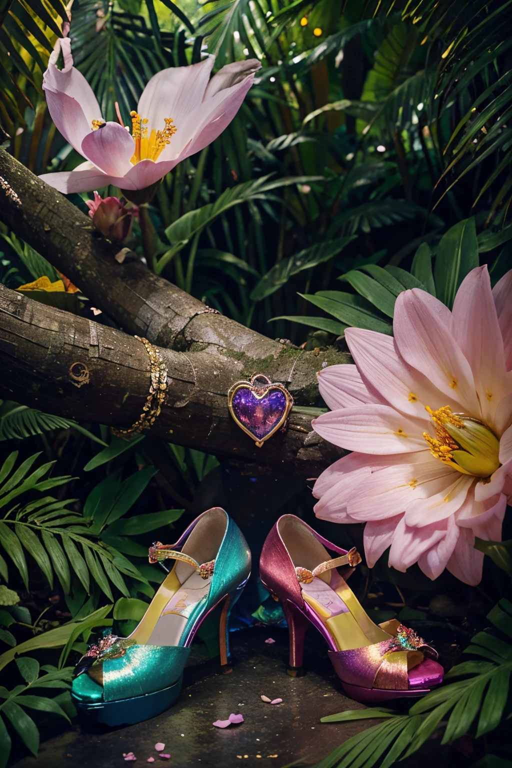 Envision creatures of every hue—brilliantly colored shoes that shimmer like precious gems, and exotic flora that boasts petals in shades unseen in the natural world. Craft a vivid narrative capturing the breathtaking beauty and enchanting diversity of this fantastical jungle as if you were observing it from the heavens above."