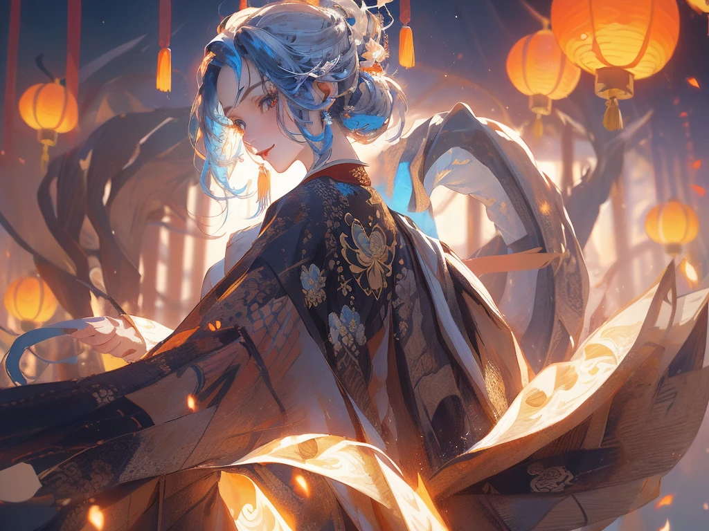 (Fractal Art:1.3), {{​masterpiece,Best Quality}}, top-quality, Delicate background,delicated face,Super delicate,Ultra-detailed CG Unity,8k wallpaper, lensflare, Detailed beautiful eyes,1womanl,Chignon Hair,waved hair,Fetishes,milestone smile,((White and blue hair)),Glowing lilac eyes,chinese clothes,The lotus flowers,Beautiful floral background,chinese lantern,Multicolored lamps,Perfect human body structure