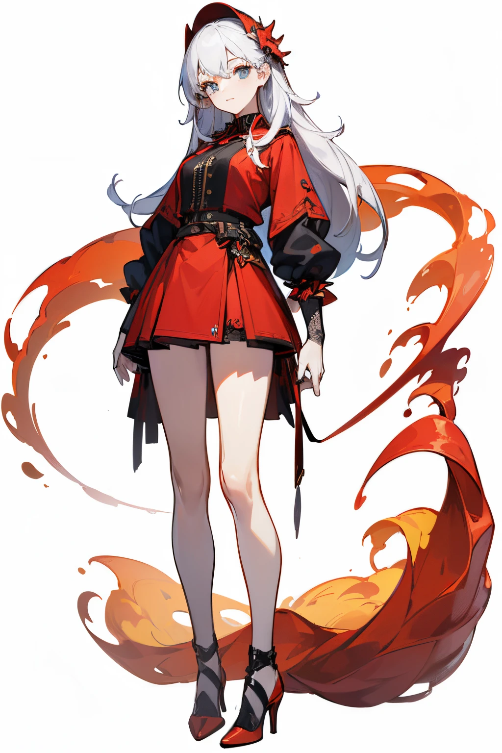 ((Best Quality)), ((Masterpiece)), ((Realistic)), (Character full body), (((best quality, high quality))), ((((UHD, highres))), (concept art), 1 girl, standing full-body, Clear facial features,Simple line design,Transparent background,(tmasterpiece,top Quority,best qualtiy, Clear facial features,beautidful eyes,beauitful face), beautiful, (((simple detailed))) (((white background))) 6 and a half heads full body, red, Lava, high heels,