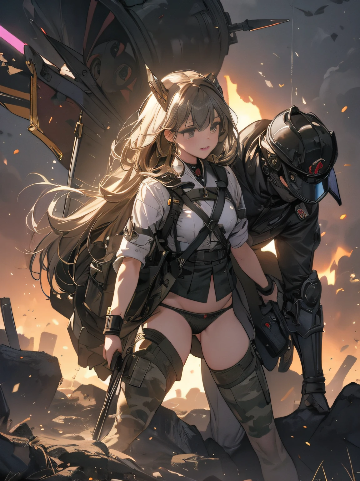 (long shot, looking away, shift character off center, draw the face precisely, cinematic perspective), (((Z stands for edge of collapsed wall in this prompt))), (((X stands for the her crotch area in this prompt))), (A female army infantry), (((wearing camouflage combat army uniform))), ((carrying a camouflage backpack)), (((for masturbation))), (((excitement))), (((orgasm face))), hiding a trench, (bullets fly), her pants are lowered to reveal a little panties, she thrusts her X forward, Z must be touching X, she uses Z to push X, open her legs, straddling on the Z, Z to X, The presence of pubic hair in the crotch, Extensive pubic hair, Pubic hair sticks out of panties, All connected pubic hair, (panties cover genitals, dripping love juice), (in combat), (battlefield), army helmet,