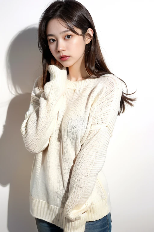 1girls,Sweater,White background,