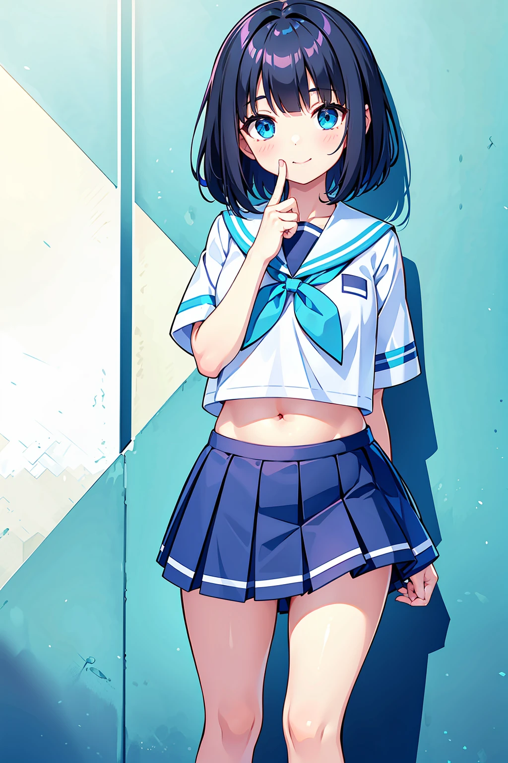 a preschool girl，18yr old，facing at the camera，ssmile，Bigchest，with short black hair，hair flowing，Turquoise blue eyes，Ultra short JK white school uniform，Transparent blue miniskirt，Expose the entire belly，facing at the camera，are standing，detailed finger，back to white wall