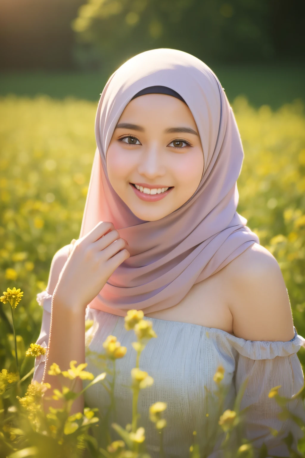 hijabi, Best quality, masterpiece, ultra high res, (photorealistic:1.4), raw photo, 1girl, dress, off shoulder, flower field, glowing skin, light smile