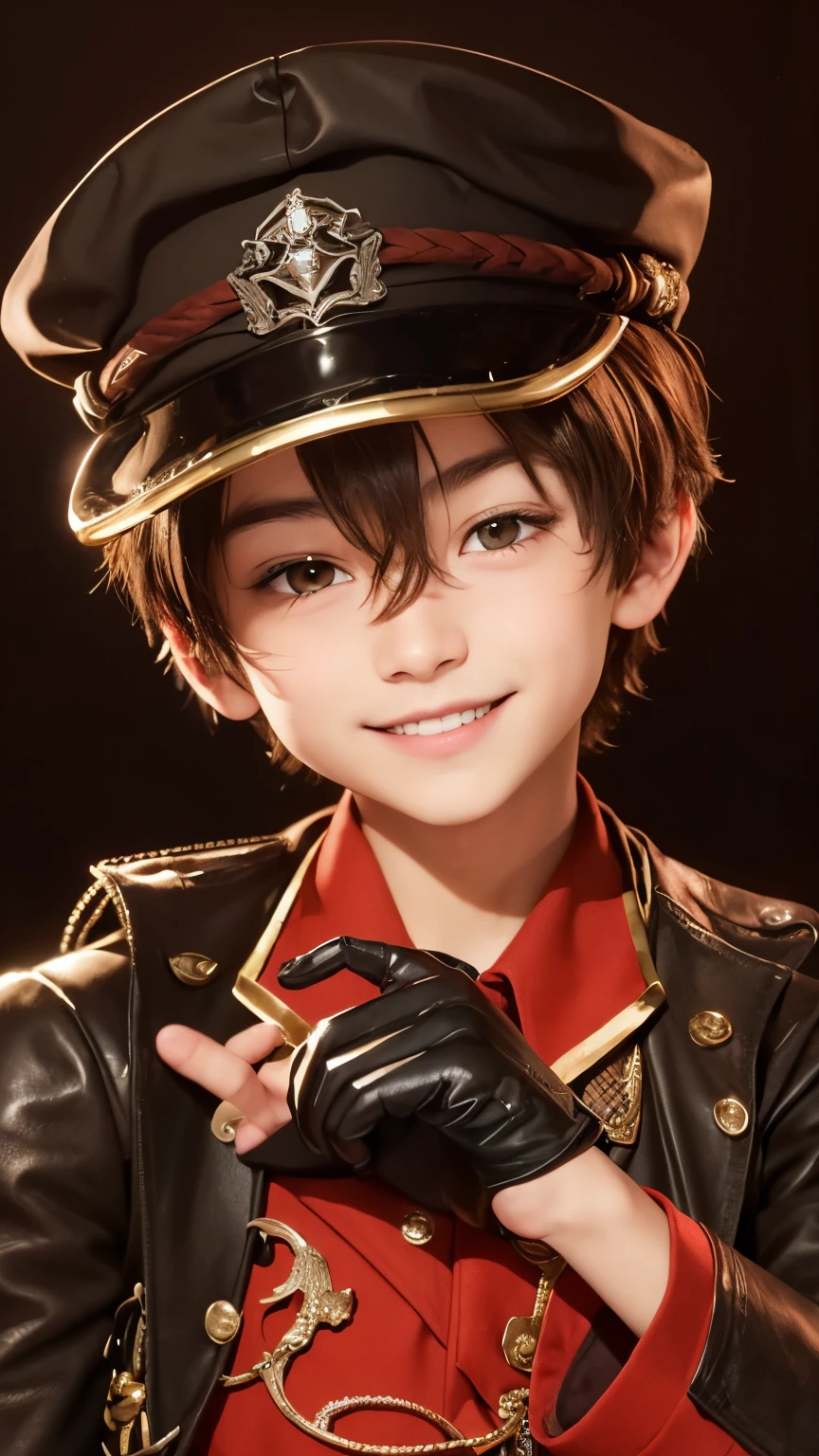 A  boy with short straight brown hair, realistic hair style, realistic handsome face, realistic smiling expression, adapt same realistic clothes, same realistic style, realistic nice hands, realistic light, realistic shadows, realistic background, same realistic hat,Realistic black gloves