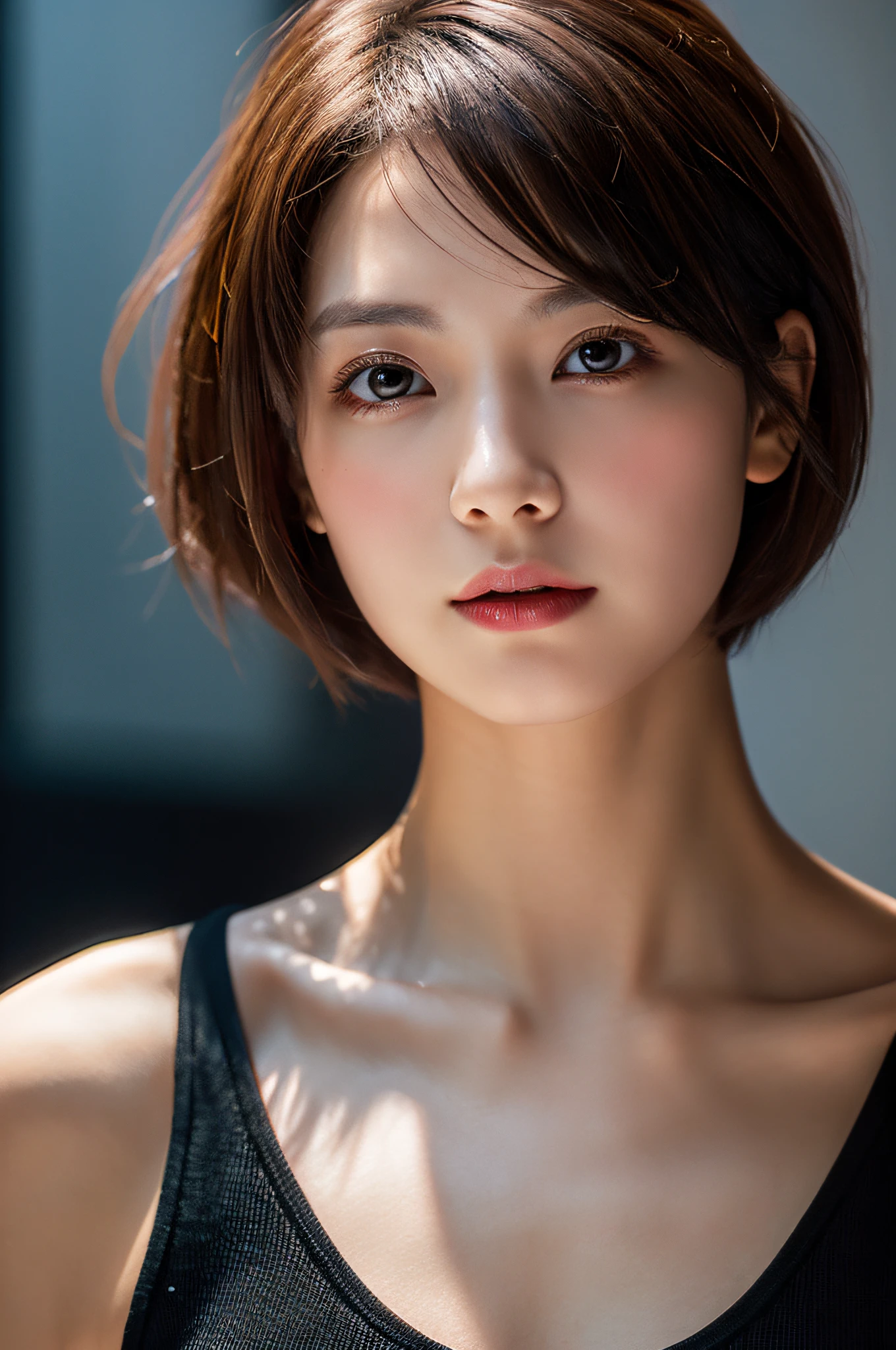 Short hair, Skin Tight Black Top:1.2, Looking at Viewer, Cinematic lighting, Perfect, softlight, High resolution skin:1.2, Realistic skin texture, Realistic face, off shoulders, Red eyes, Shortcut Hair、dark brown hair、Small face、Bust B Cup