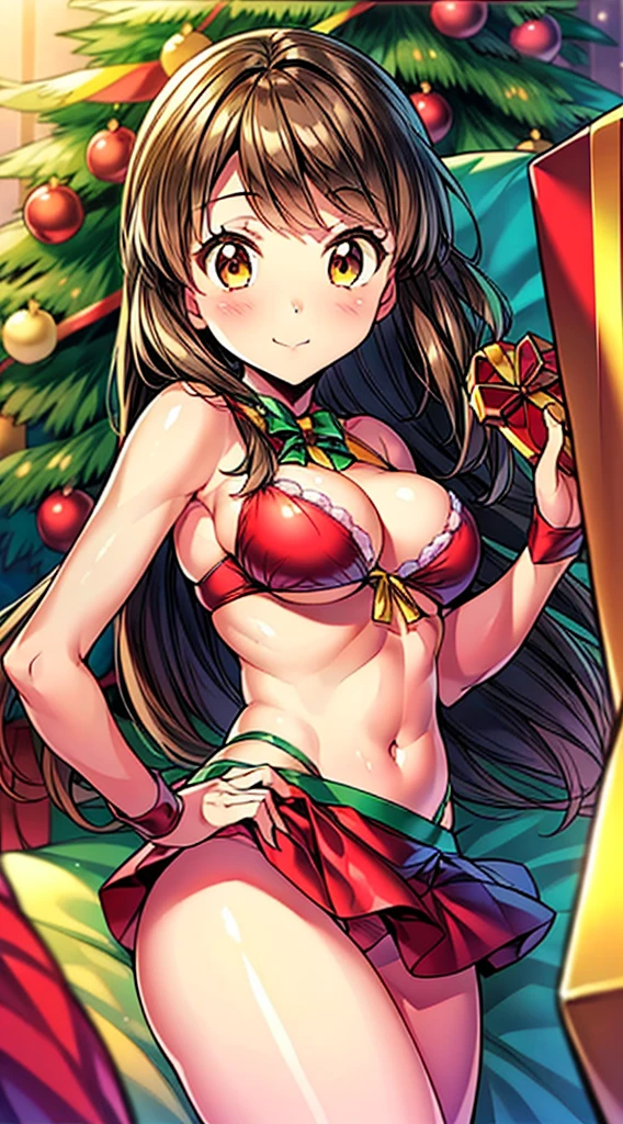 masterpiece, best quality, 1 solo girl, brown hair, brown eyes, long hair, wavy hair, Christmas ornaments, medium , mature nd face, red santa dress, christmas, christmas light, christmas tree, red gloves, red santa skirt, holding gift, red bra, red panty, leg upboy shots, sexy pose, dakimak ultra-detailed body, face, and eyes, sharp focus, vibrant, creative, dynamic, high definition, high resolution, 8k, (Upscale: R-ESRGAN 4x+ Anime6B), (Image enchance:4x), voluptuous body