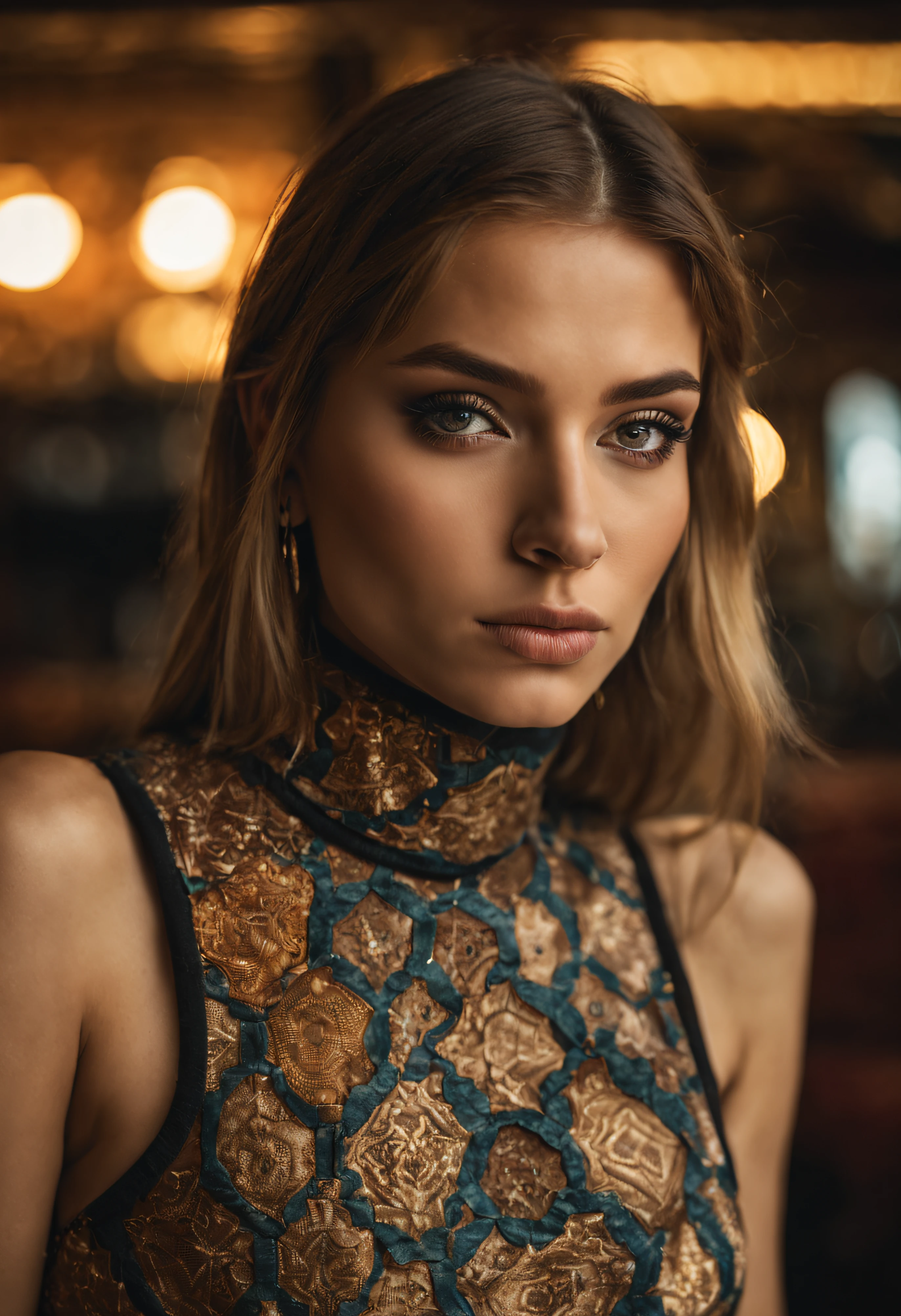 photo of 18-year-old girl, an attractive woman,in a (bar:1.1),wearing a form-fitting (patched-turtleneck-dress:1.1),(8k, RAW photo, best quality, depth of field, ultra high res:1.2),(absurdres, intricate, photorealistic, masterpiece, ultra-detailed:1.3),