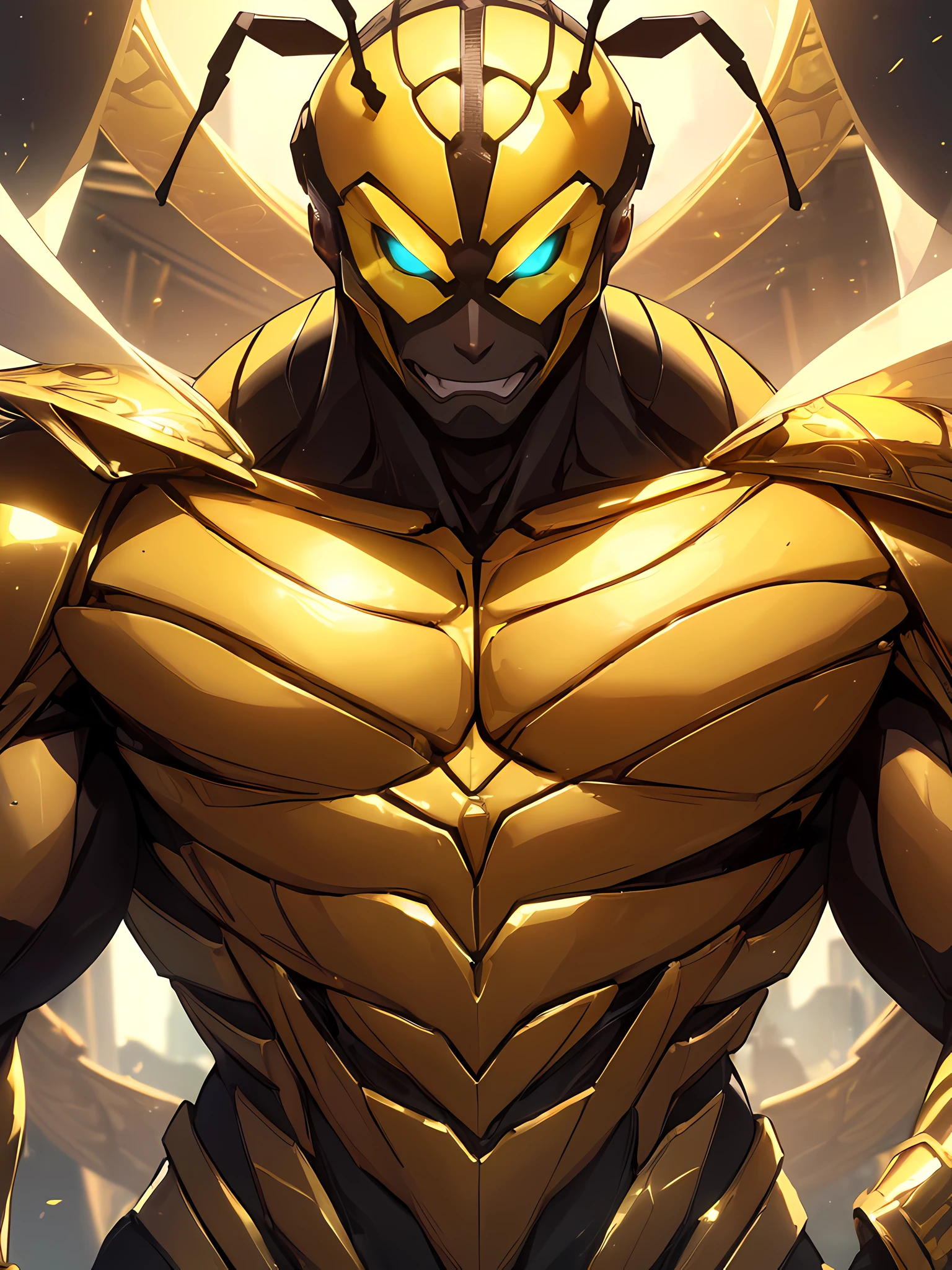 ((absurdres)) perfect whole body, ultra photorealistic, Top quality, Photorealistic, ((16k UHD)), High Definition, high res, ultra sharp, masterpiece, best quality, intricate details, detailed eyes, perfect face detailed face, masterpiece, highly detailed exquisite character art, perfectly detailed anatomy, detailed body, detailed pecs, (((cinematic light))), ultra-realistic, (((1male))) ((tall muscular man male humanoid)), bald, humanoid yellow skin, big eggs, humanoid black & yellow skin tone, yellow hue, powerful humanoid appearance, compound eyes, metallic scales, scales. metallic Armor, smiling face, strong jaw, high cheekbones, pecs, cute pose, in a wasp nest, Mandibles, Antenna,  honey, ((male muscular stripe black & yellow humanoid insect honey bee))
