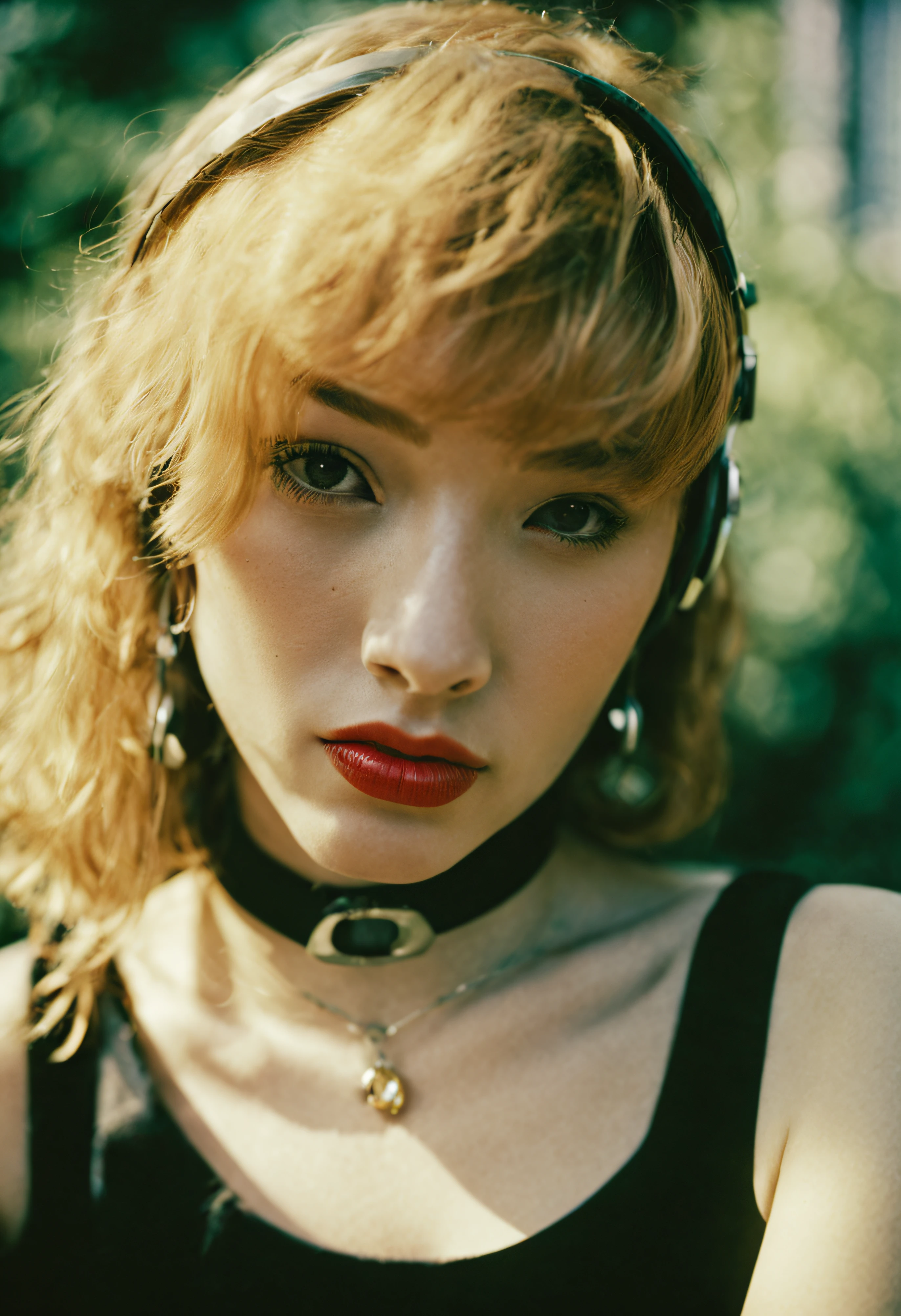 analog film photo of sam yang, ((1woman)), uniform, backlighting, bare shoulders, black choker, blurry, blurry background, blush, breasts, choker, collarbone, earrings, forehead, freckles, hair over shoulder, jewelry, long hair, pointy nose, red lips, shadow, solo, thick eyebrows, thick eyelashes, (blonde hair), ((masterpiece)), shiny skin, black skin, headphone, stocking faded film, desaturated, 35mm photo, grainy, vignette, vintage, Kodachrome, Lomography, stained, highly detailed, found footage
