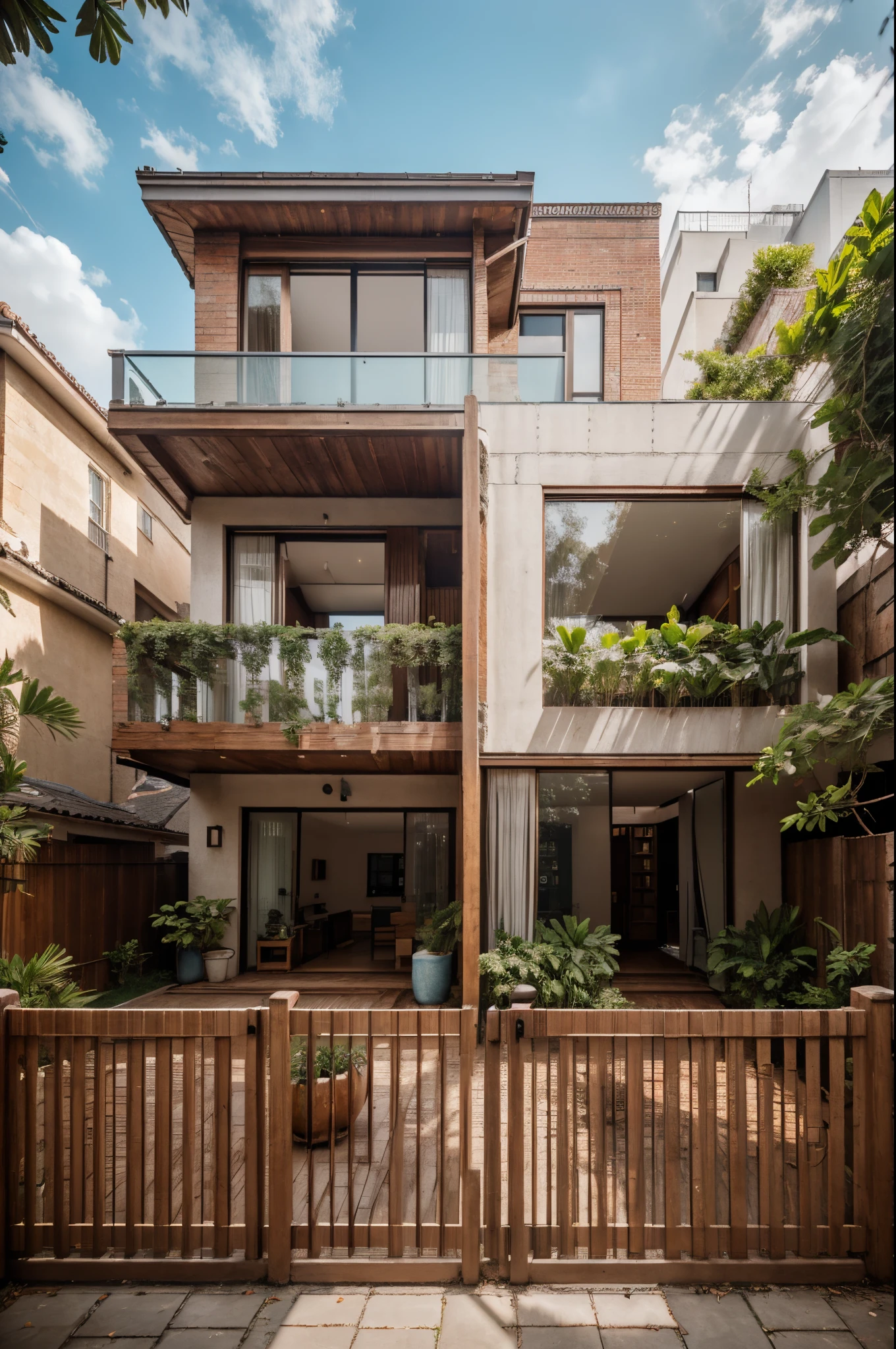 RAW photo,Masterpiece, high quality, best quality, authentic, super detail, townhouse, modern house,( brick wall:1.2) , glass windows, (wooden ceiling:1.1), railing glass, gate, fence, (curve:1.1),tropical trees, day, beautifu sky, (high detailed :1.2), 8k uhd, dslr, soft lighting, high quality, film grain, Fujifilm XT3