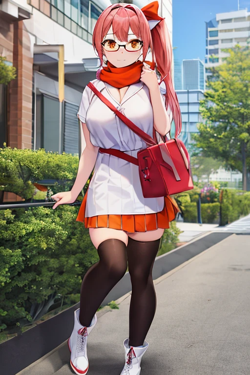 A girl with long pink hair, a side ponytail, orange eyes, big breasts, wearing casual clothes, including a white shirt, a red skirt, a hair bow, white-framed glasses, an orange scarf, wearing black thighhighs and black boots, with a bag. (best quality, detailed clothes, detailed hair, full body)