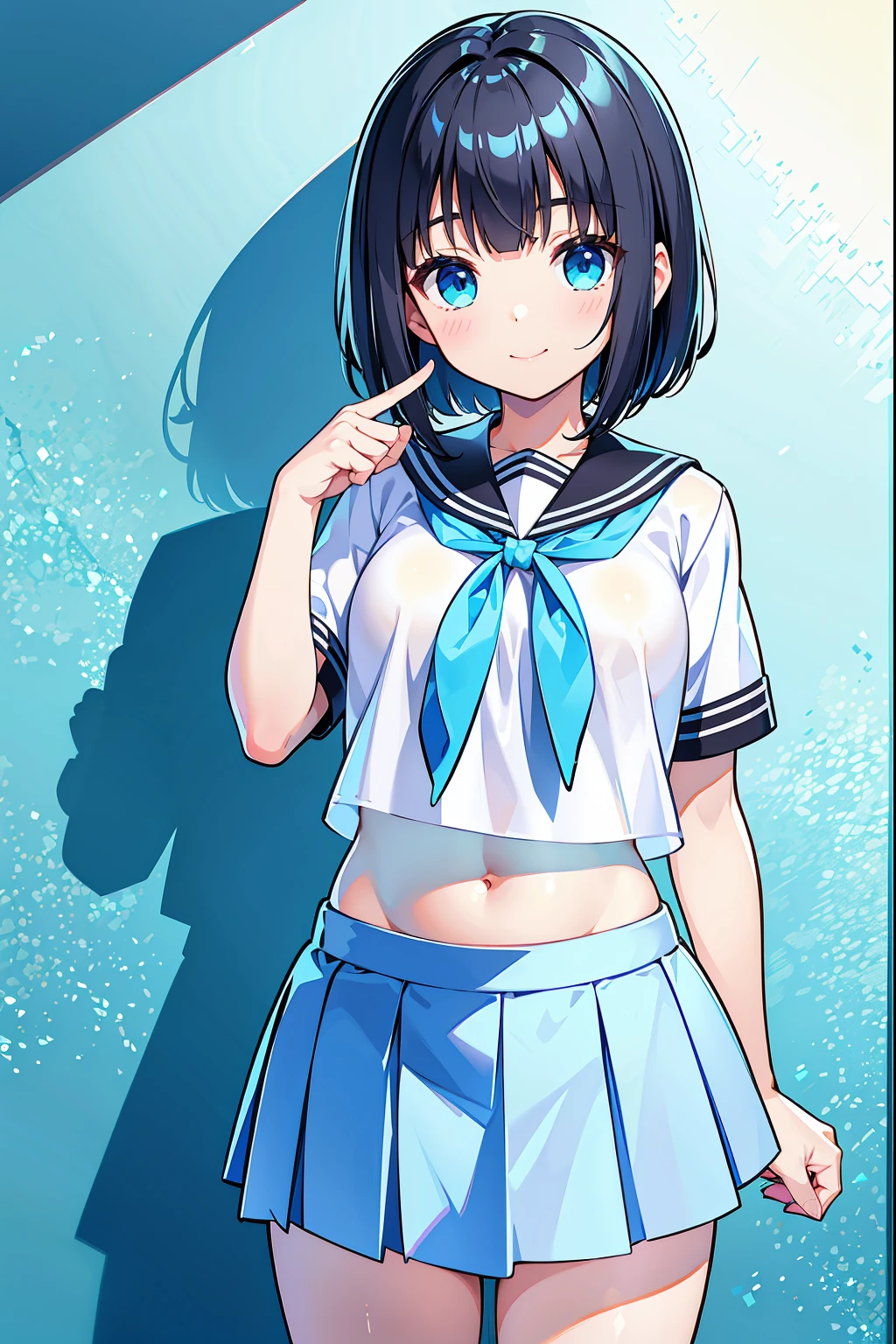 a preschool girl，18yr old，facing at the camera，ssmile，Bigchest，with short black hair，hair flowing，Turquoise blue eyes，Ultra short JK white school uniform，Transparent blue miniskirt，Expose the entire belly，facing at the camera，are standing，detailed finger，back to white wall