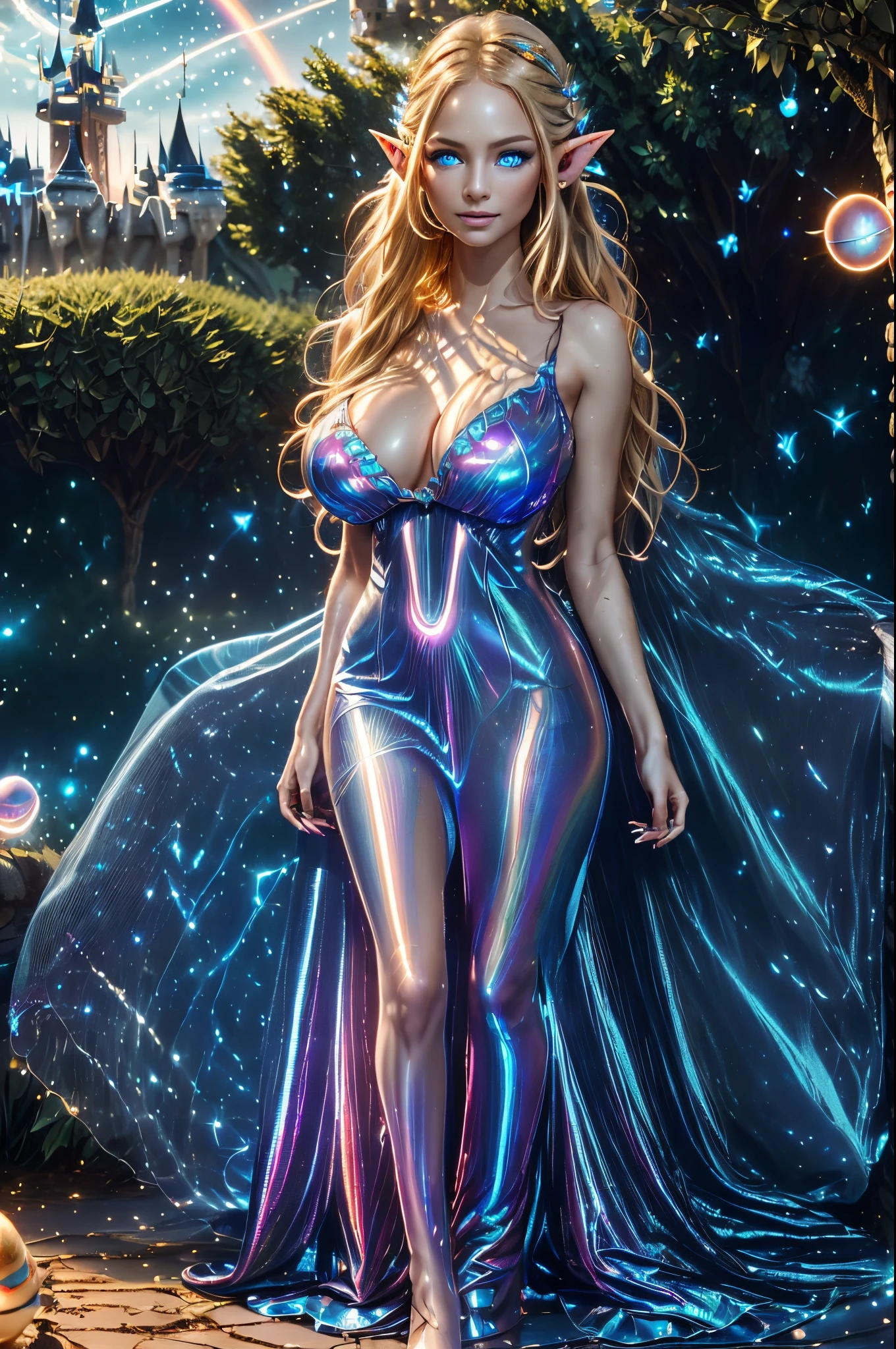gorgeous woman with extra-long wavy blonde hair, glowing blue eyes, long sexy legs, (holographic gown:1.3), ((detailed facial features)), (detailed skin), pale complexion, Beautiful, Amazing face and eyes, makeup, (extremely detailed beautiful face), (sexiest look), (Beautiful breasts:1.3), detailed ??????, (Best Quality:1.4), (Ultra-detailed), (extremely detailed CG unified 8k wallpaper), Highly detailed, RAW Photos, Professional Photography, ?????:1.3, (standing, full body:1.4), plein air, Illumination, (Super fancy photos:1.4), (Dazzling light), Radiant Photography, depth of fields, (Glowing blue eyes), ((detailed realistic elf ear)), (castle, rainbow, fantasy setting), ((orbs)), laughing,