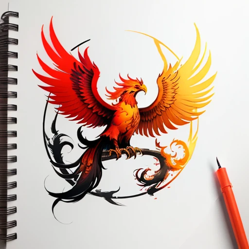 Phoenix tattoo sketch, minimalism, use colors red, orange, yellow and its shades