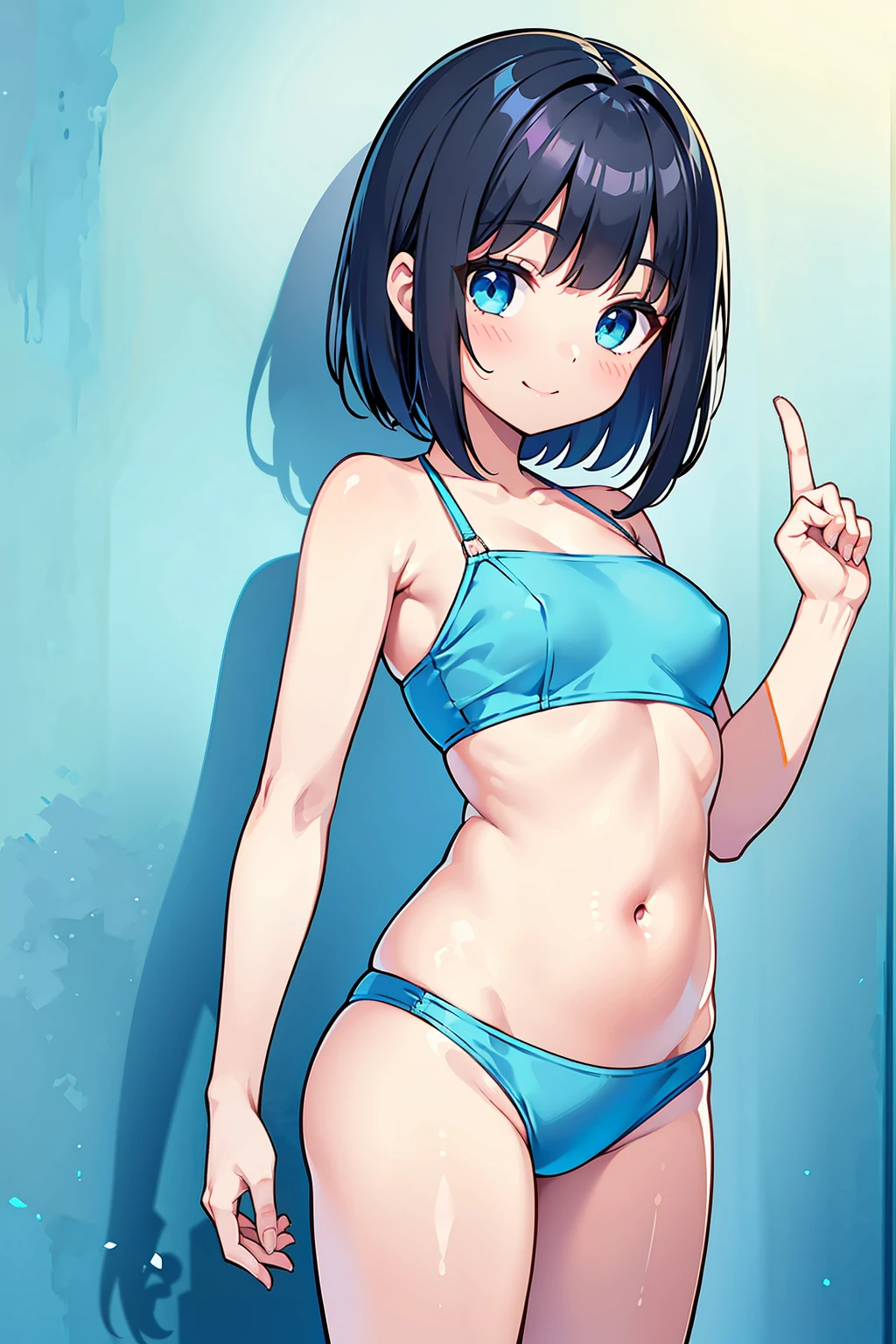 a preschool girl，18yr old，facing at the camera，ssmile，Bigchest，with short black hair，hair flowing，Turquoise blue eyes，Clear bikini，Expose her belly，facing at the camera，are standing，detailed finger，back to white wall