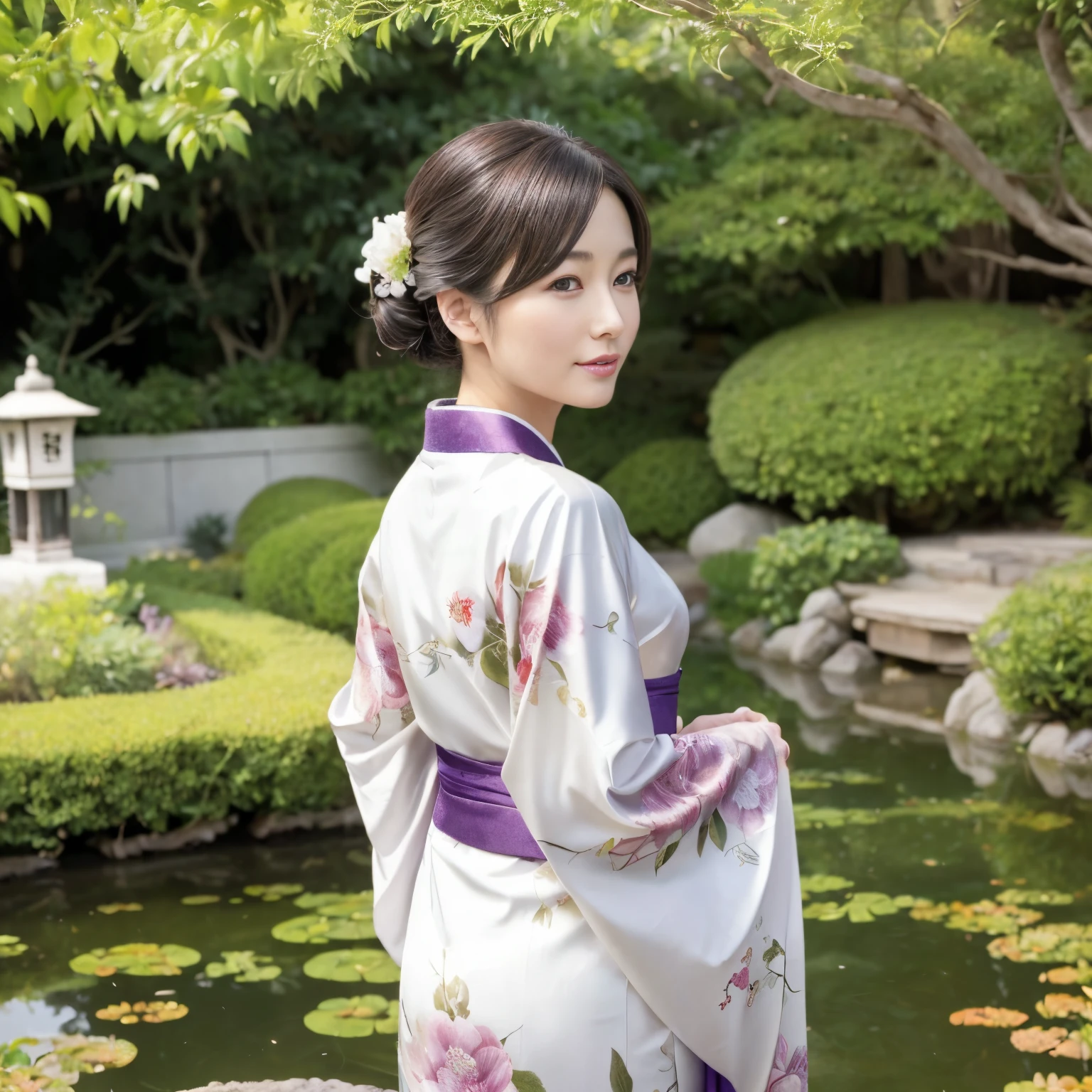 ((Best Quality, masutepiece, 超A high resolution、The most complex and detailed depictions))、1人の女性、wearing a luxurious kimono、Japanese-style elegant kimono、Purple kimono、Photographing from the waist up、look back here、turned around、Staring at me、Sad smile、mournful、A detailed face、perfect anatomia、Elegantly styled hair、Elegant hairpin、natural make up、A detailed face、face perfect、Beautiful fair skin、perfect shiny skin and hair、Beautiful Japan garden in the background、perfect garden、beautiful pond、gravel garden、White gravel garden、Dry landscapes、stone lantern、Detailed and intricate Japanese garden