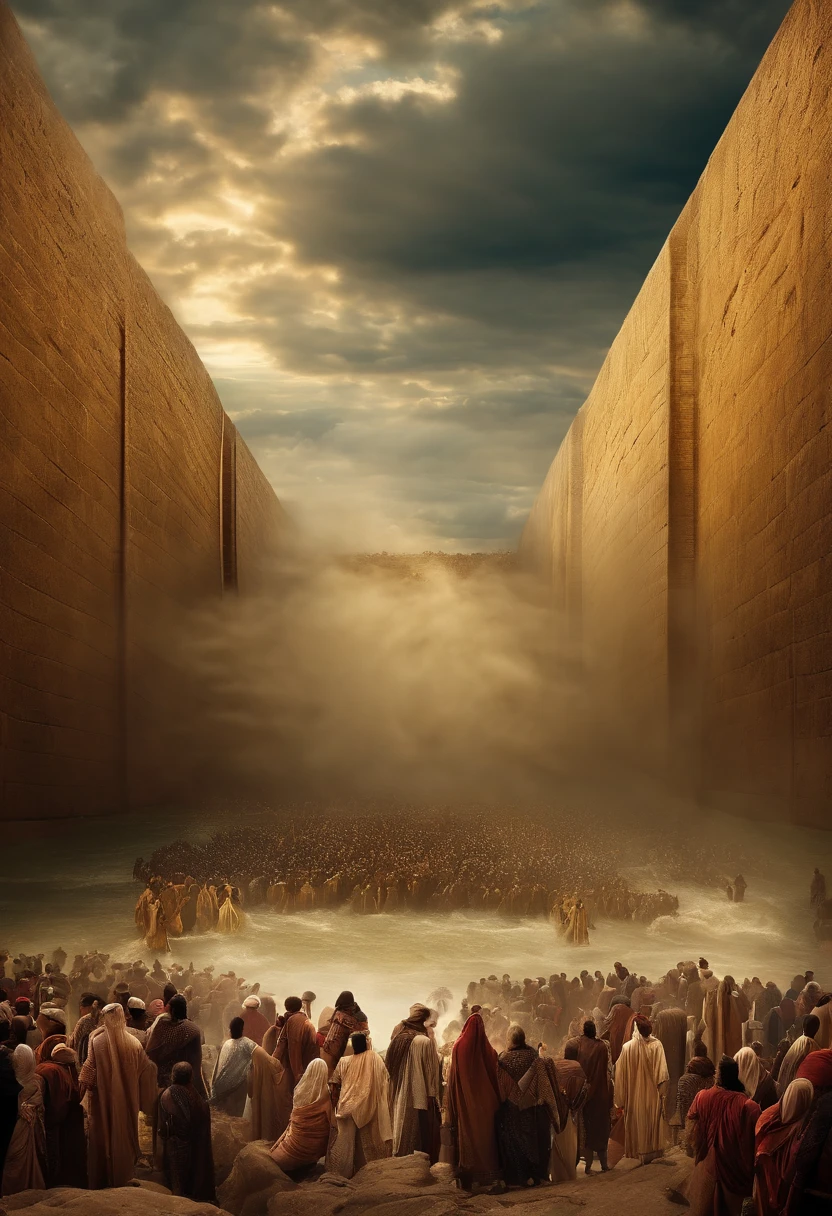 The Exodus of Moses、600,000 people々There are huge walls of water on both sides...、.、A large crowd passes between walls of water