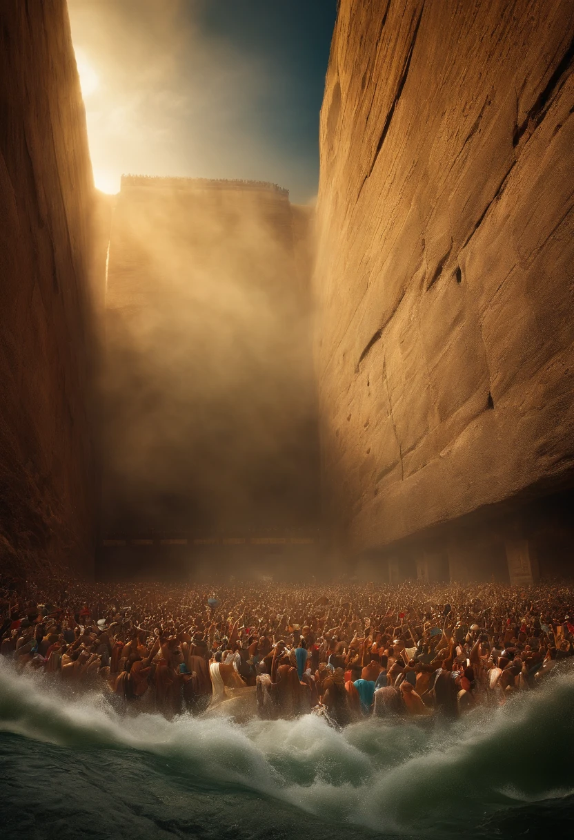 The Exodus of Moses、600,000 people々There are huge walls of water on both sides...、.、A large crowd passes between walls of water