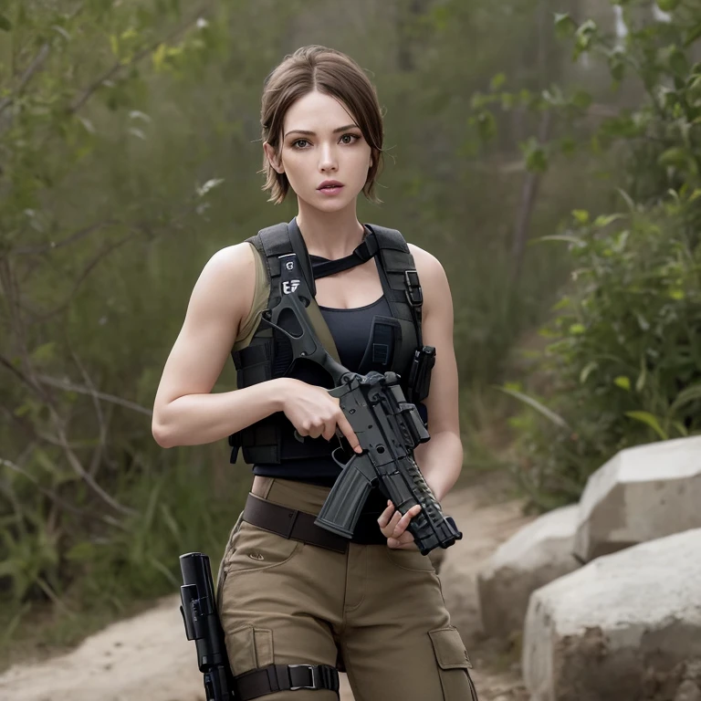 There is a woman in the field with a gun and a rifle, Resident Evil 6 Ada Vietnam Gate Gunner, with rifle, cinematic ligh《tomb raidar》Still, beautiful female warrior, hold a rifle, hold a rifle, carrying a rifle, heroines, solo female role, Resident Evil 6 Portrait of Ada, Resident Evil 6 Ada, tactical vests and holsters