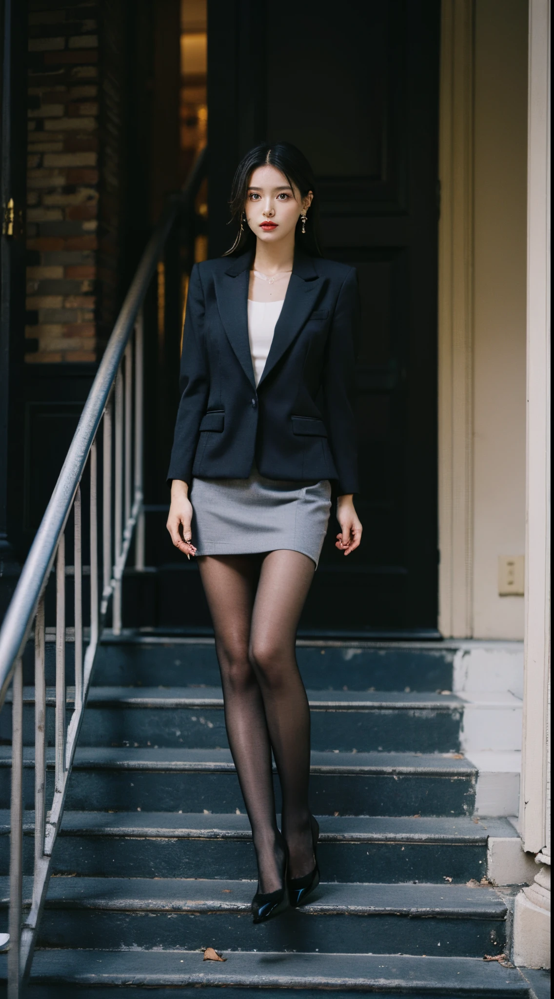 Best quality,tmasterpiece,超高分辨率,(realness:1.4),RAW photos,Cinematic texture,1 beutiful girl,Gray slim fit short blazer,Black dress inside,Gray-black stockings,high-heels,black shoulder-length straight hair,Metal earrings,Standing casually on the stairs outside the house,legs long,good body
