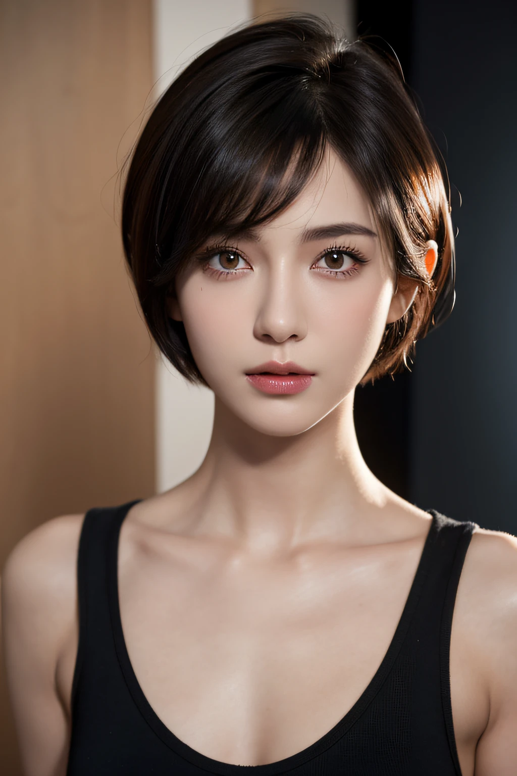 Short hair, Skin Tight Black Top:1.2, Looking at Viewer, Cinematic lighting, Perfect, softlight, High resolution skin:1.2, Realistic skin texture, Realistic face, off shoulders, Red eyes, Shortcut Hair、dark brown  hair、Small face、Bust B Cup