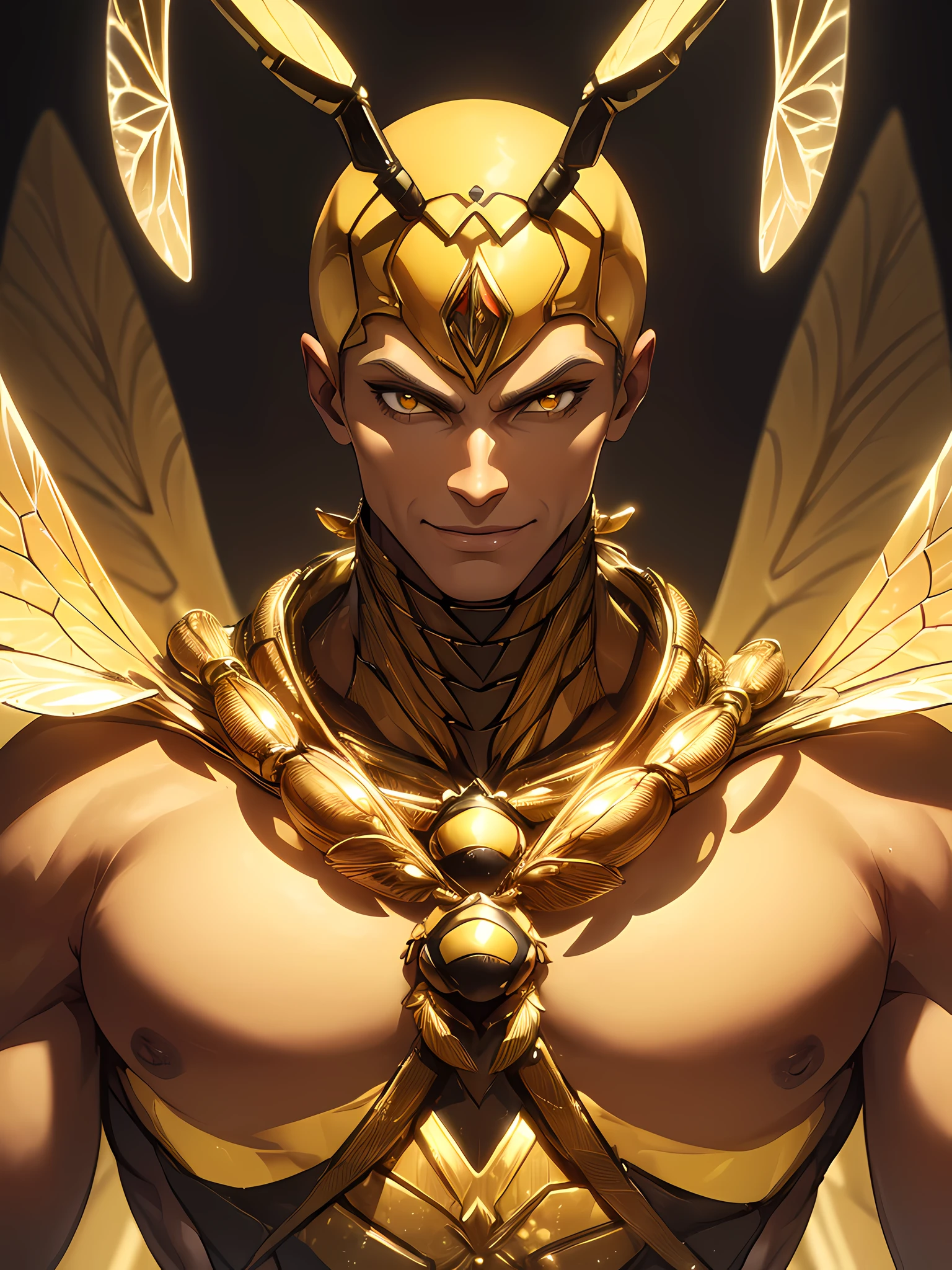 (8K, RAW photos, Highest quality) masterpiece, 1 male, 18 years old, bee man, black hair, good body, black and yellow mottled skin.   Body covered in honey.  has bee antennae on head ((real) , has bee wings. ,Asian muscular man,, outlines his big, muscular breasts, sexy six pack. Naked ((genitals covered with yellow shawl)), pose sitting in honeycomb. full body view  .