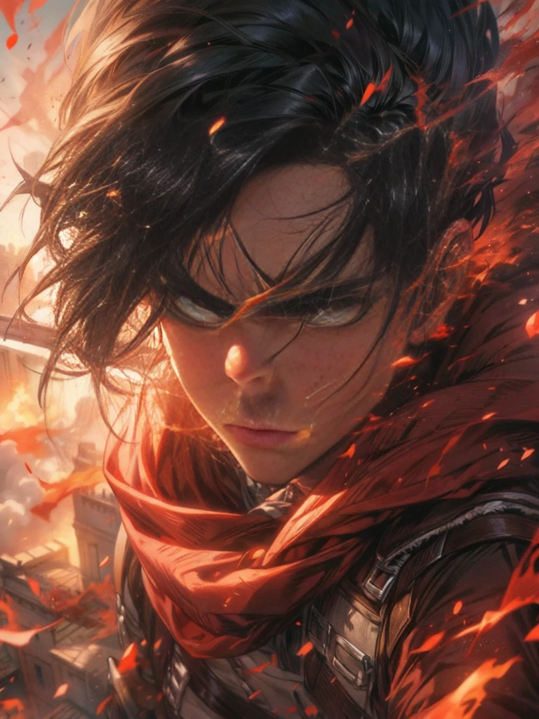 Attack on Titan,Levi Ackerman, dynamic pose,fire flare surrounding him