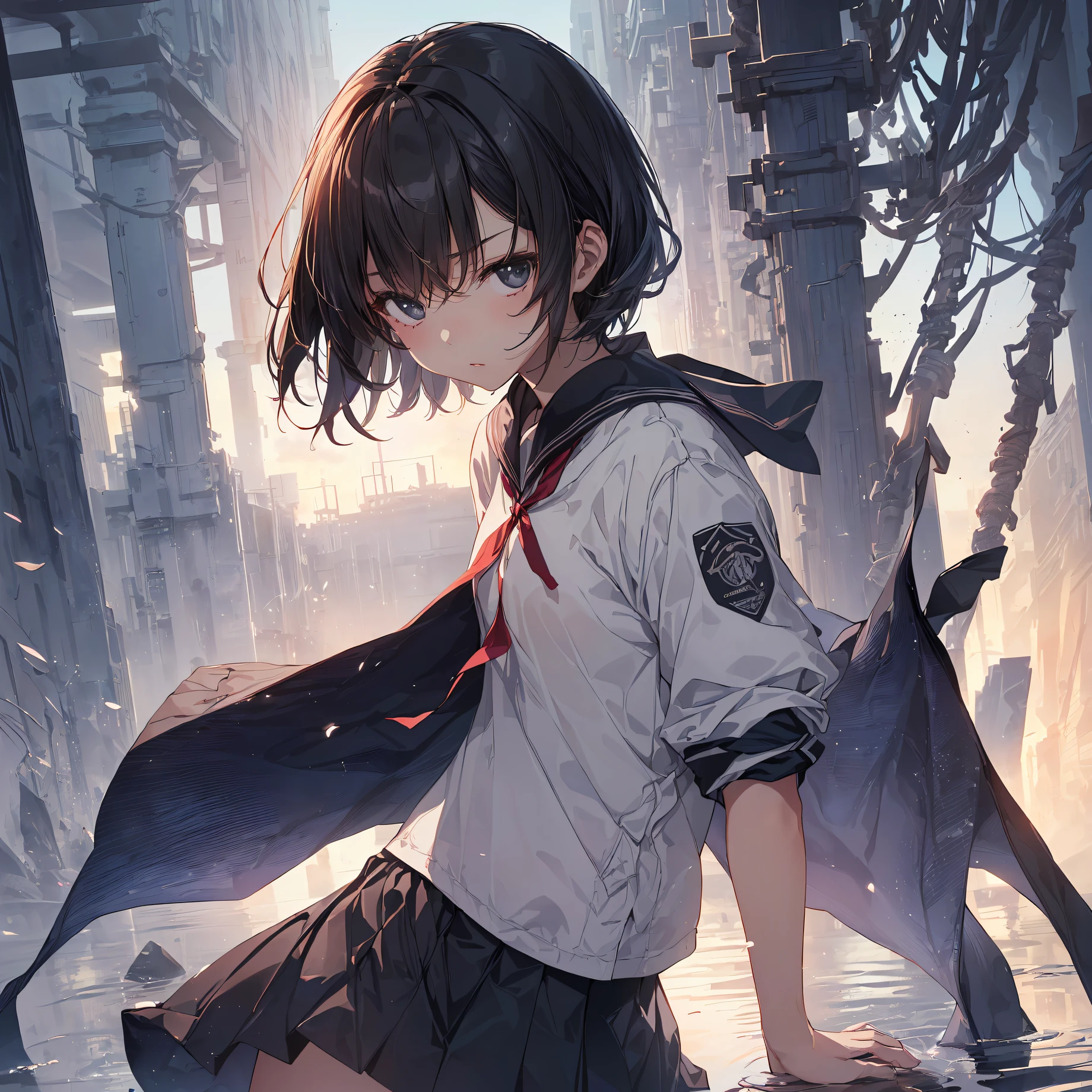 ((Photography image with double exposure, top quality, shinkai makoto style,ultra-detailed,high resolution,extremely detailed CG,unity 8k wallpaper, by famous artist, perfect anatomy, super detailed skin, cinematic lighting, UHD, retina, anatomically correct, 1080P)),break,(Create a double exposure by combining the girl and the puddle.
 :1.3),break, 1girl, (Solo,Loli face,13-year-old:1.5),a junior high school student, androgynous charm, (Very Short hair), Full limbs, complete fingers,flat chest, Small butt, groin, Beautiful detailed black eyes, disgusted eye, school Uniform, skirt,(Detailed Lighting), (Detailed background),(Doubleexposure:1.1)