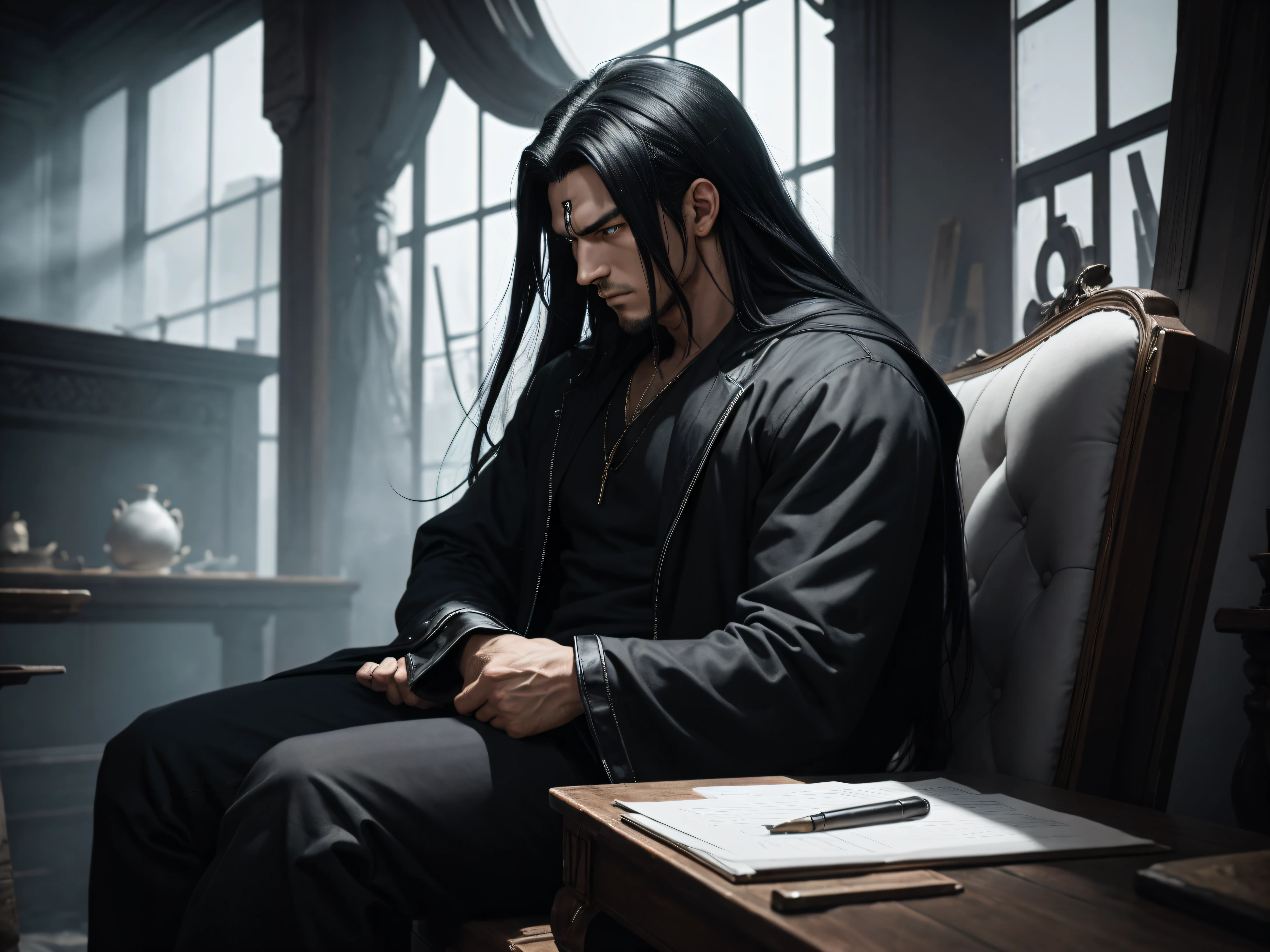 ONE Anime man, He has a strong body, He has a serious mature face, He has medium-long black and white hair. He is sitting with his hands in his head. He has Amber color eyes. There are some dark ghosts behind him. Side view. Really Far away view. Super detailed.