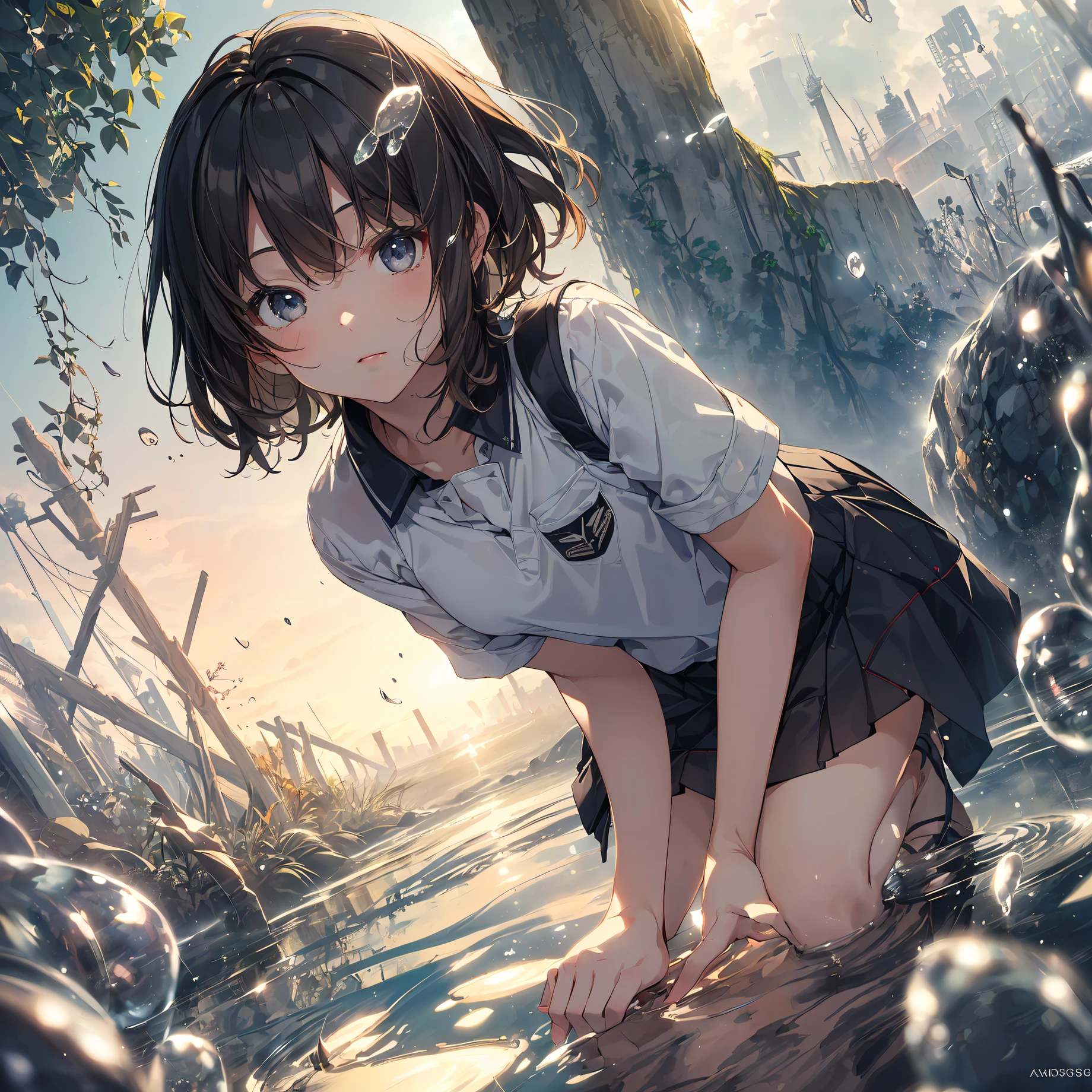 ((Photography image with double exposure, top quality, shinkai makoto style,ultra-detailed,high resolution,extremely detailed CG,unity 8k wallpaper, by famous artist, perfect anatomy, super detailed skin, cinematic lighting, UHD, retina, anatomically correct, 1080P)),break,(Create a double exposure by combining the girl and the puddle.
:1.3),break, 1girl, (Solo,Loli face,13-year-old:1.5),a junior high school student, androgynous charm, (Very Short hair), Full limbs, complete fingers,flat chest, Small butt, groin, Beautiful detailed black eyes, disgusted eye, school Uniform, skirt,(Detailed Lighting), (Detailed background),(Doubleexposure:1.1)
