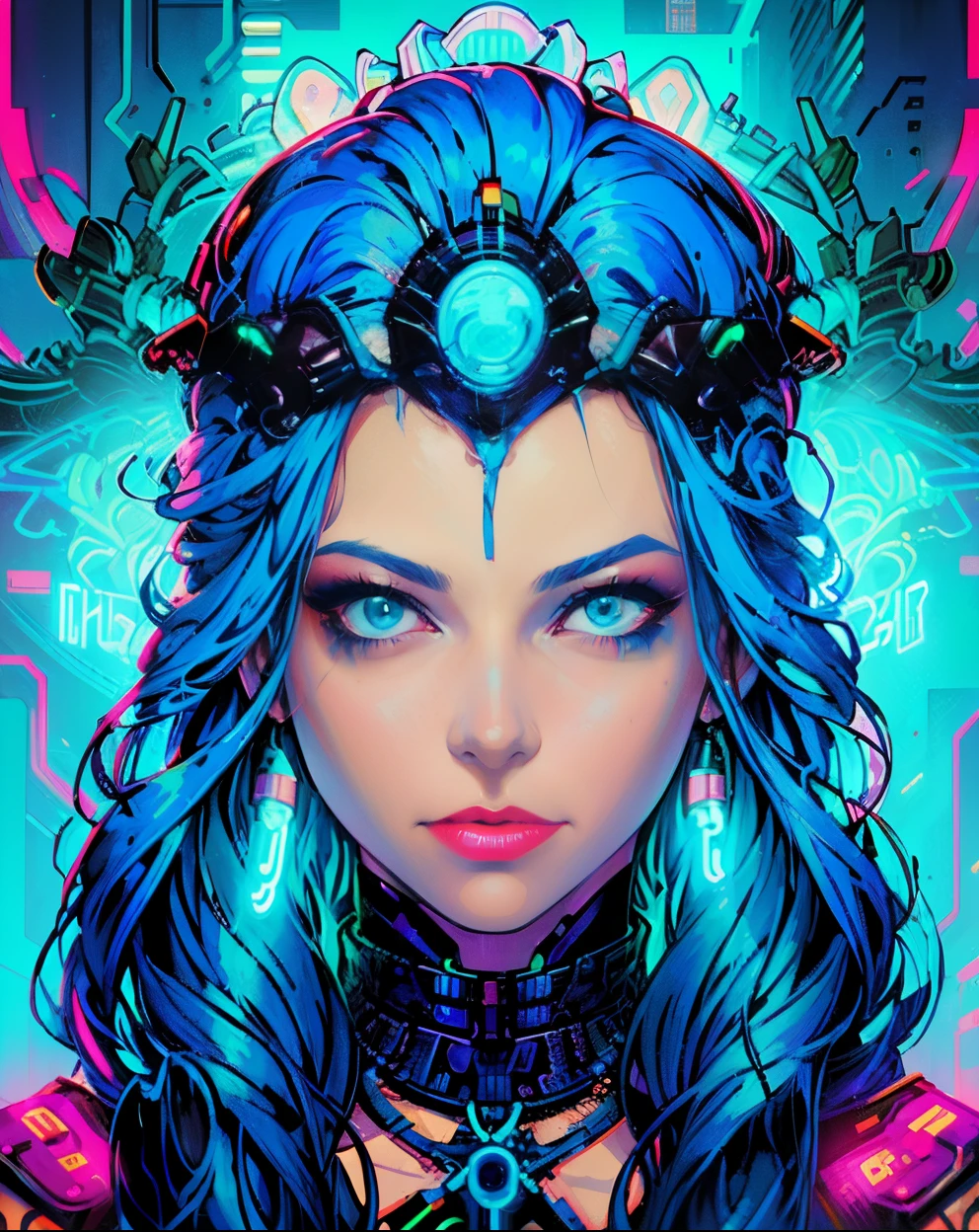 a digital painting of a woman with blue hair, cyberpunk art by Josan Gonzalez, behance contest winner, afrofuturism, synthwave, neon, glowing neon