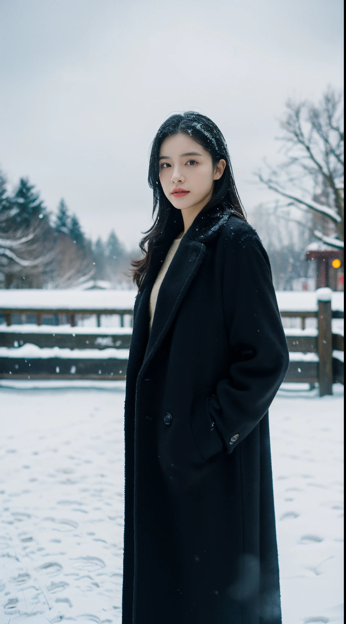 Best quality at best,tmasterpiece,超高分辨率,(realness:1.4),RAW photogr,Cinematic texture,1 cool girl,Tall and tall，Dressed in black，Black long woolen coat，standing in the snow，looks into camera，Endless snow field