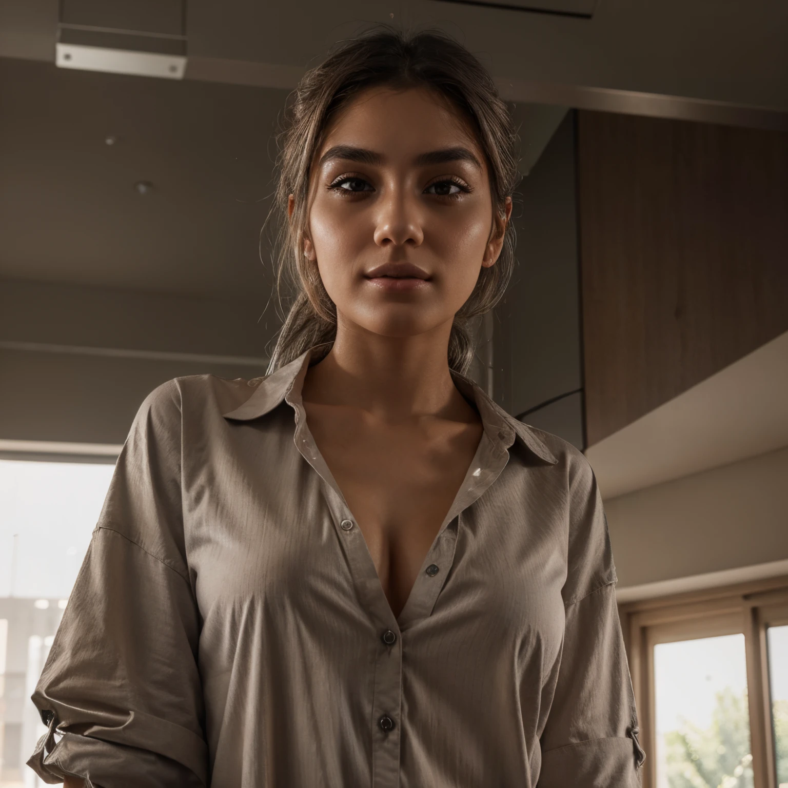 close up photo of Iranian girl,at Gym, Brown eyes, blonde hair,(extremely detailed CG unity 8k wallpaper), (masterpiece), (best quality), (ultra-detailed), (best illustration), (best shadow), ultra-high res, (photorealistic:1.4), ((very oversize shirt, buttoned shirt)), ??????, collarbone, , (small ???????:1), (dark silver hair:1.2), looking at coffee, light smile, upper face, makeup