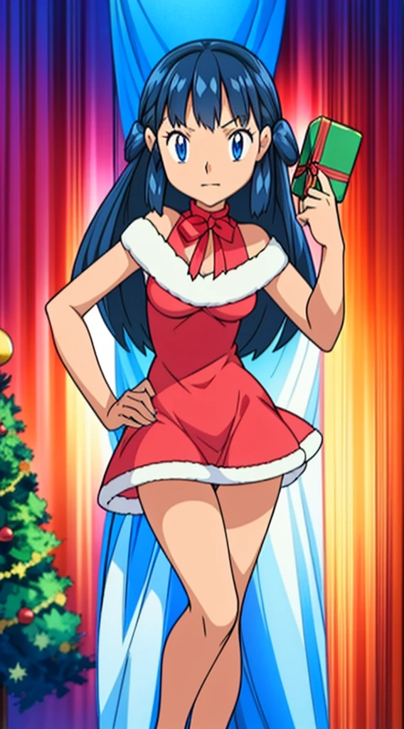 masterpiece, best quality, 1 solo girl, dark blue hair, blue eyes, long hair, wavy hair, Christmas ornaments, medium breasts, mature body and face, red christmas dress, christmas, christmas light, christmas tree, red gloves, red santa skirt, holding gift, red bra, red panty, leg up, cowboy shots, sexy pose, dakimakura, detailed body, face, and eyes, sharp focus, vibrant, creative, dynamic, high definition, high resolution, 8k, (Upscale: R-ESRGAN 4x+ Anime6B), (Image enchance:4x), voluptuous body