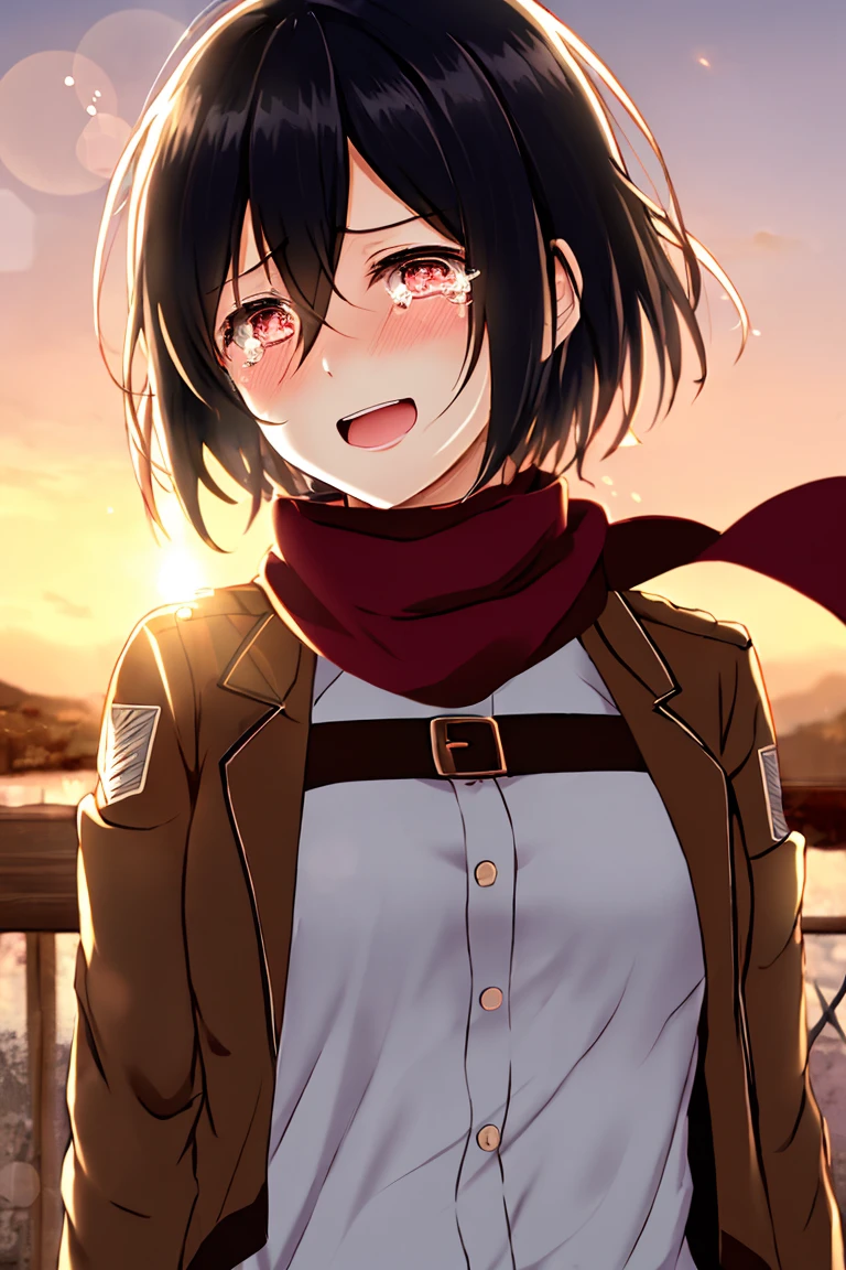 very detailed background, mikasa ackerman, shingeki no kyojin, 1girl, :d, belt, black hair, blurry, blurry background, blush, cropped jacket, crying, crying with eyes open, emblem, hair between eyes, happy tears, jacket, lens flare, looking at viewer, open mouth, outdoors, paradis military uniform, red scarf, scarf, short hair, smile, solo, standing, sun glare, sunset, tears, upper body, wind, ((masterpiece)),,