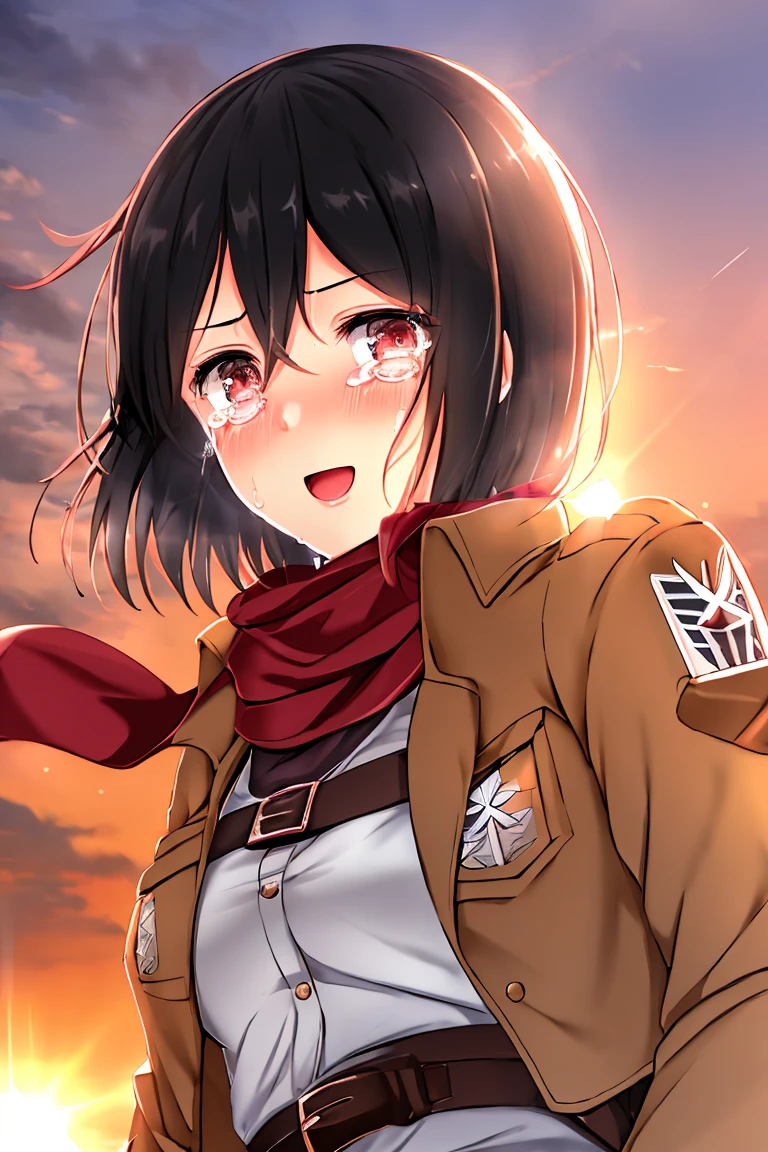 very detailed background, mikasa ackerman, shingeki no kyojin, 1girl, :d, belt, black hair, blurry, blurry background, blush, cropped jacket, crying, crying with eyes open, emblem, hair between eyes, happy tears, jacket, lens flare, looking at viewer, open mouth, outdoors, paradis military uniform, red scarf, scarf, short hair, smile, solo, standing, sun glare, sunset, tears, upper body, wind, ((masterpiece)),, <lora:mikasaAckermanLora_offset:1>
