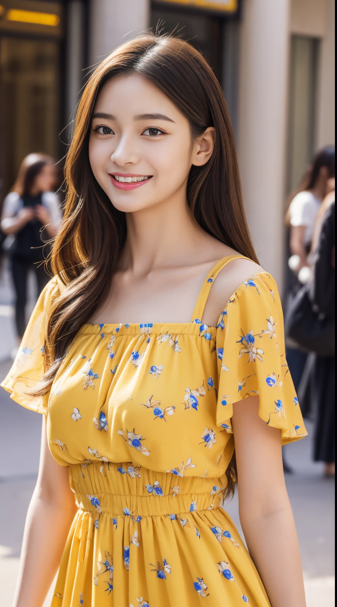 Walk the streets of the city,One lady、 Bandeau Dress, Wearing long gorgeous clothes, She is wearing a long yellow floral dress., shopping, In the city, highly detailed beautiful girl, Highly detailed face, Highly detailed eyes, highly detailedskin, extremely detailed fingers, highly detailed nose, very detailed detailed mouth、Smile a little