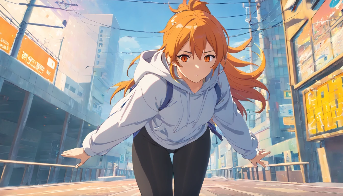 masterpiece、top-quality、Movie stills、1 female、Orange hair、Colossal tits、Huge ass、Fitting black leggings suit、yellow eyes、thick thighs、Long wavy hair、wide hips、Thigh muscles、Strong thighs、White hoodie 、(Spark:0.7)