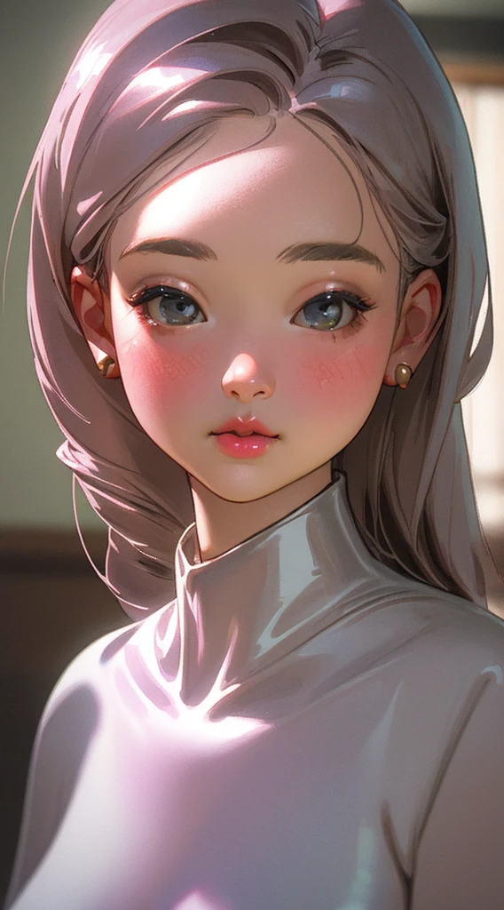 detail、Realism、in a 4k、13-year-old girl、Bust 140cm、Slender body、Face Detail、silber hair、plump pink lips、fullnude