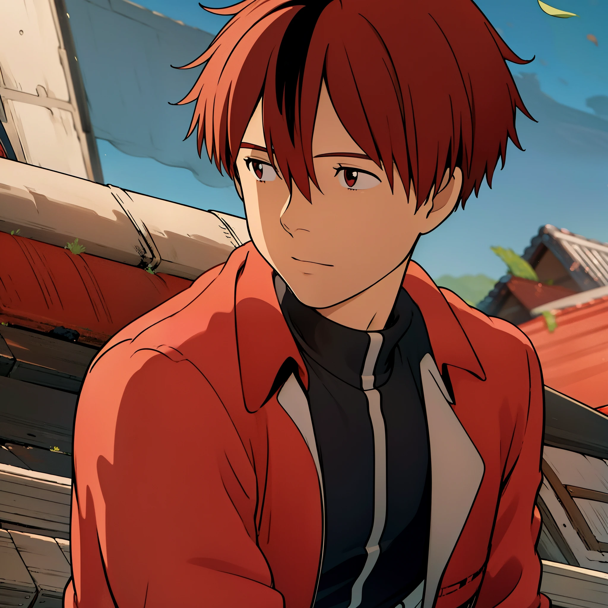 absurdres, 1boy, solo, StarkFrieren, red jacket, black shirt, white sash, black pants, bandages, gloves, outdoors, mountain, mid shot, miyazaki hayao, ((masterpiece)), (extremely detailed CG unity 8k wallpaper), best quality, cinematic lighting, detailed background, beautiful detailed eyes, (an extremely delicate and beautiful), (Beautiful and detailed eye description), ultra-detailed