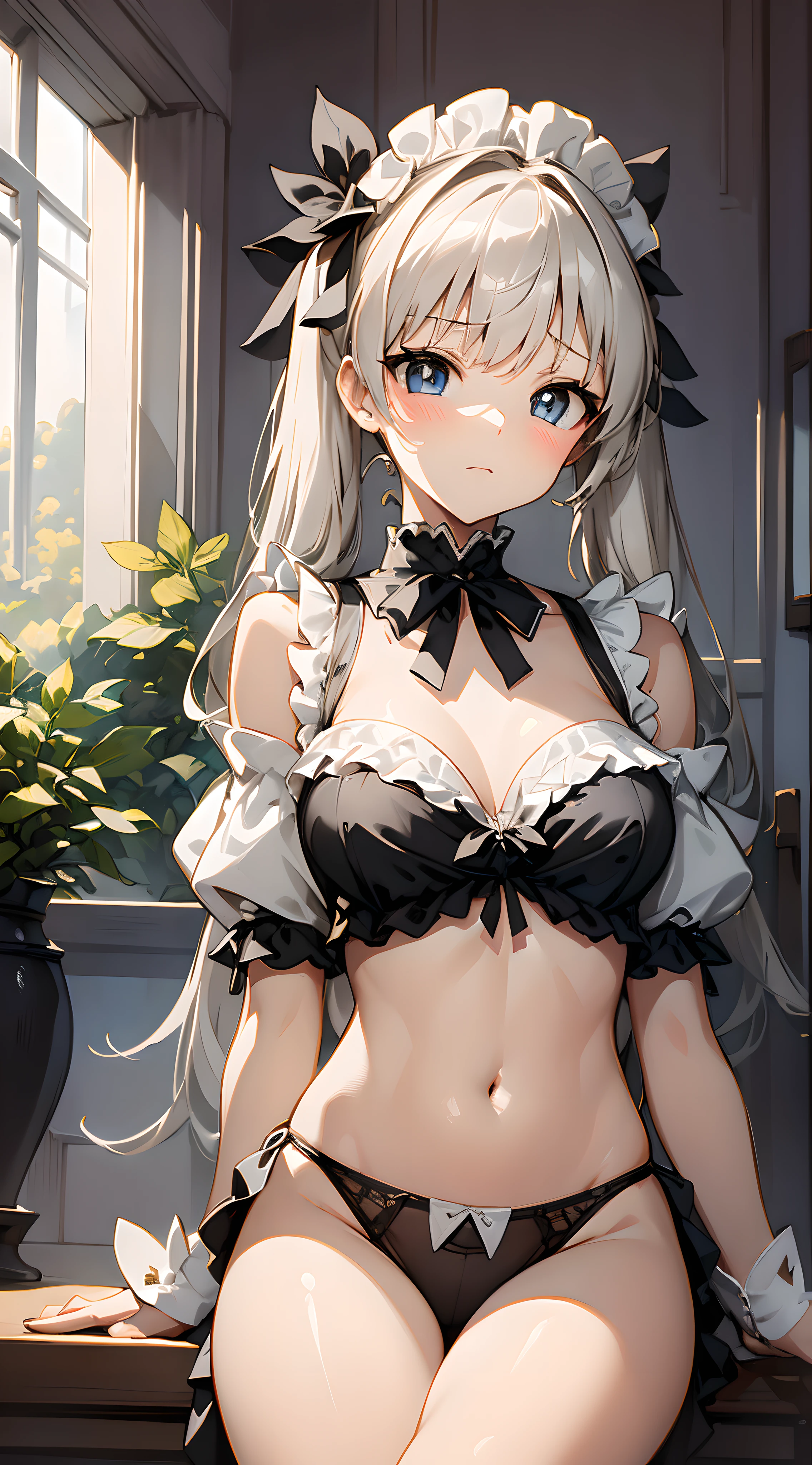 (((masterpiece))),best quality, extremely detailed CG unity 8k, illustration, contour deepening beautiful detailed glow,(beautiful detailed eyes), High level of image quality、top-quality、Detailed diagram、Reddening cheeks、slim adult beauty、Maids wear、petty eyes、Knee-length、stocklings、B cup,silvery white hair,double tails,Gray-black pupils,Pupil highlights,Shoulders bare,Quiet and spacious study,Potted greenery,Maid with leg rings,(Panties are visible:1.5),white panties,Lift the hem,NSFW
