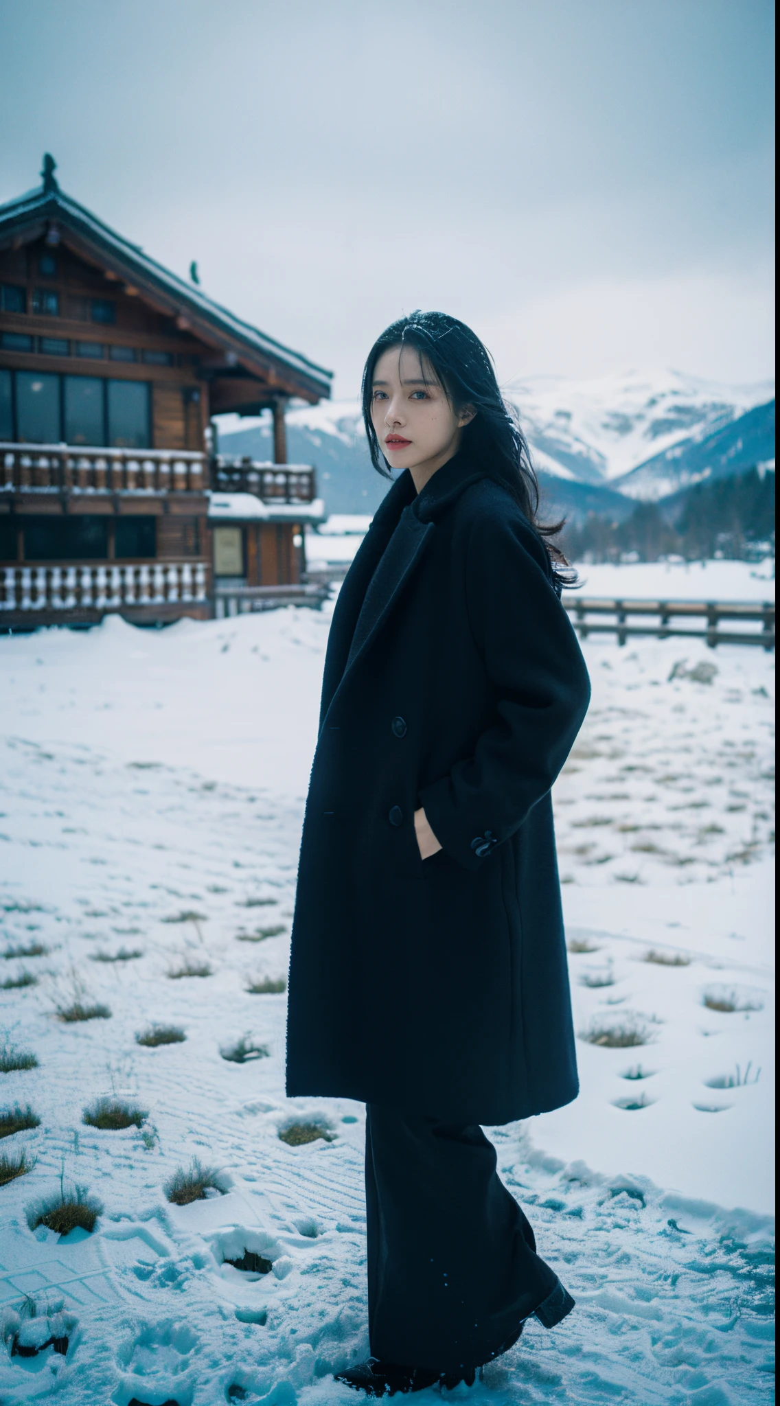 Best quality,tmasterpiece,超高分辨率,(realness:1.4),RAW photos,Cinematic texture,1 cool girl,High and high，Dressed in black，Black long wool coat，standing in the snow，looking at the camera in，Endless snowfields