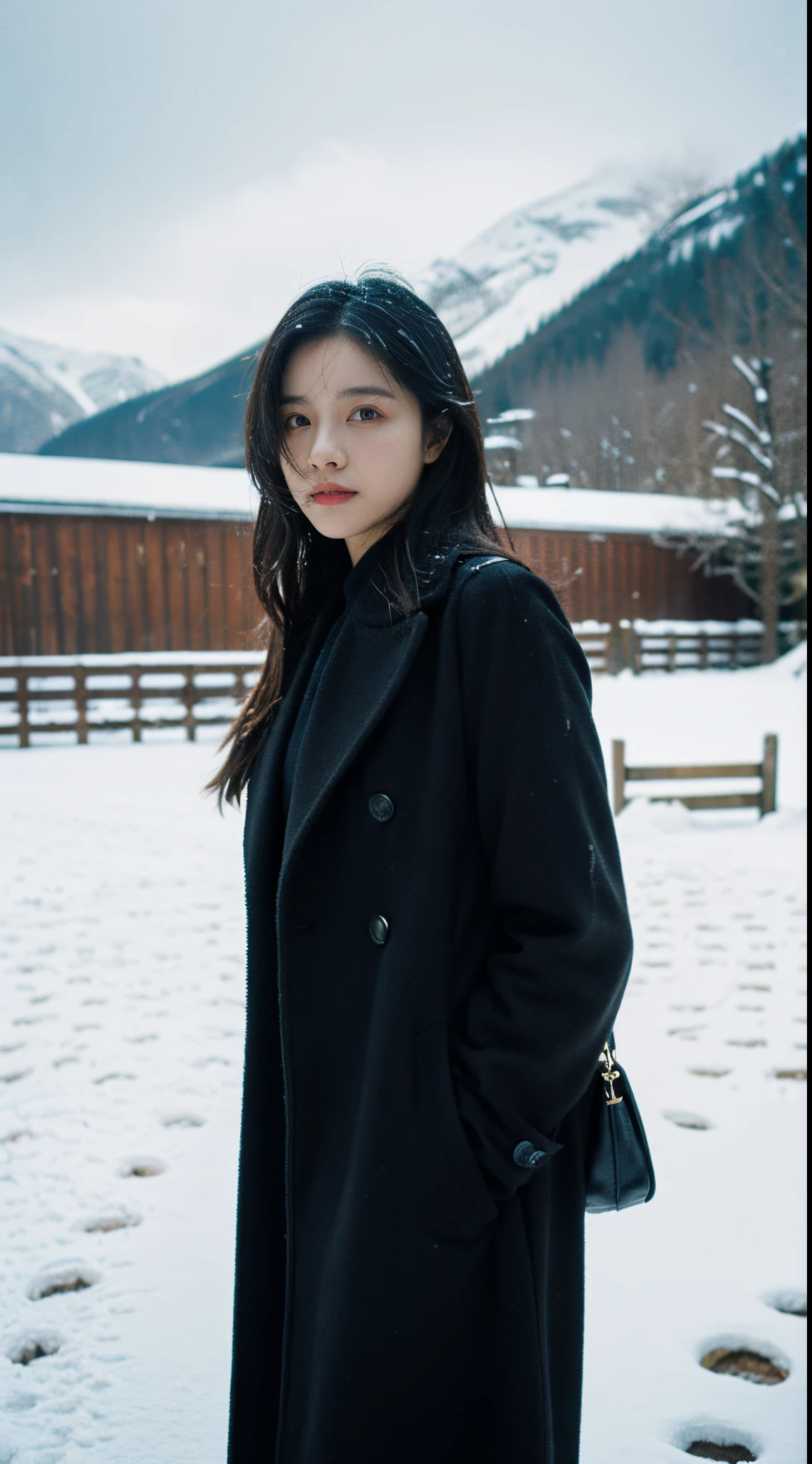 Best quality,tmasterpiece,超高分辨率,(realness:1.4),RAW photos,Cinematic texture,1 cool girl,High and high，Dressed in black，Black long wool coat，standing in the snow，looking at the camera in，Endless snowfields
