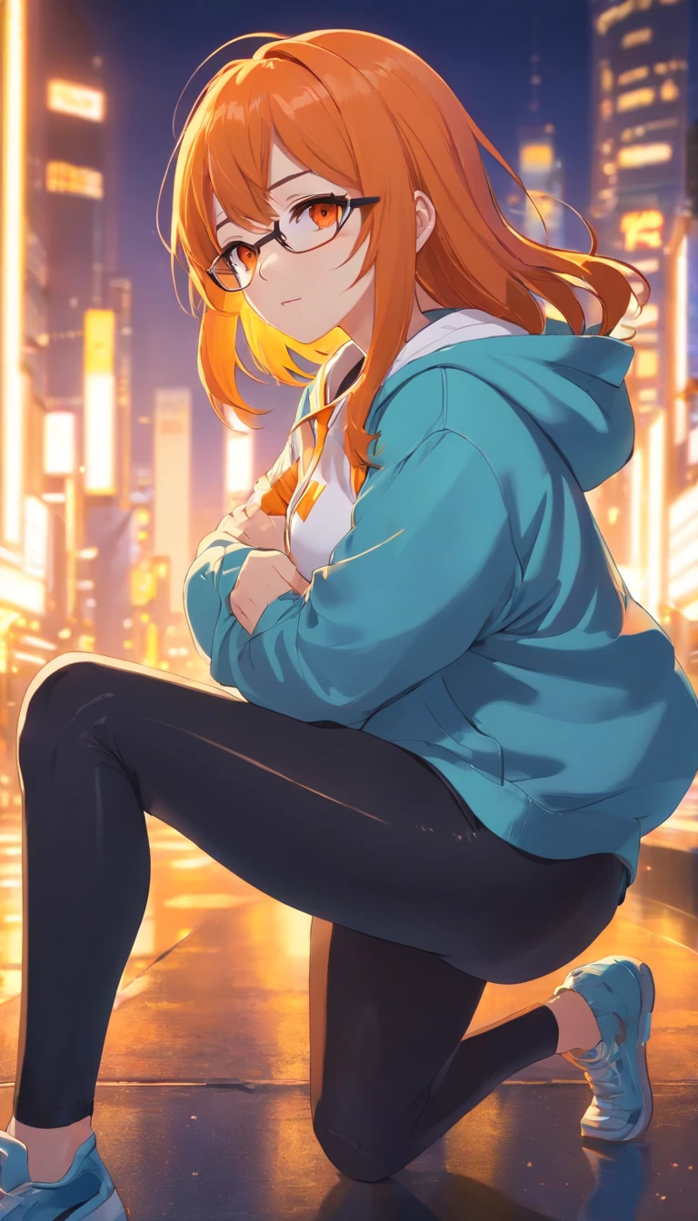 masterpiece、top-quality、Movie stills、1 female、Orange hair、Colossal tits、Huge ass、Fitting black leggings suit、yellow eyes、thick thighs、Long wavy hair、wide hips、Thigh muscles、Strong thighs、White hoodie 、(Spark:0.7)、eye glass