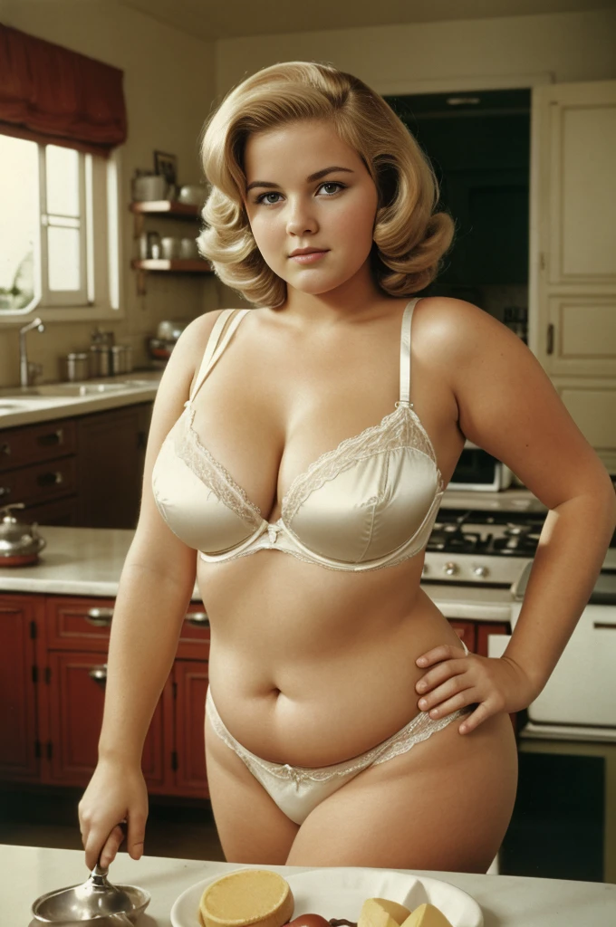 Adolescent, Chubby, photo vintage, archives, visage parfait, erotick, cheveux blond, , tache de rousseur, 1961, aroused, american shot (3/4 coups) lingerie satin , Foires, belle, into a kitchen, big tits