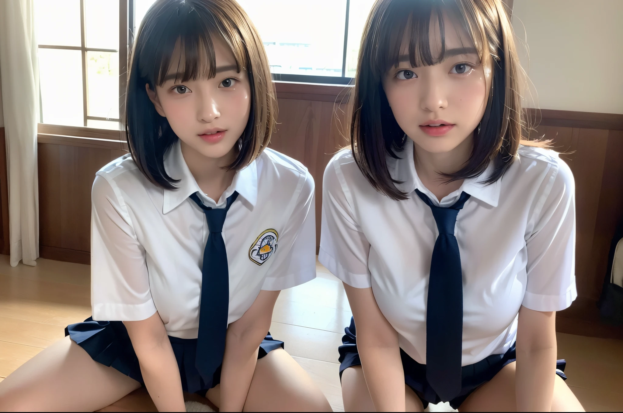 ((top-quality、8K、masterpiece:1.3)) ((kawaii))、女の子1人、Slender Abs、Classroom hyperdetailed face、A detailed eye、二重まぶた、Colossal tits Neat and clean schoolgirl short-hair、Straight bob hair、see-through bangs ((Half-open lips))Schoolgirl Uniform、Panties are visible from the skirt、-yeld wo、White short-sleeved shirt、Navy Blue Pleated Ultra Micro Mini、A sexy Viewer's Perspective Beautiful graphics、Bright classroom with strong sunlight Show me your whole body、sitted、Crouching、Sheer panties、White Sox ((show me your sexy thighs)) ((A girl who wants to have sex and can't stand it))