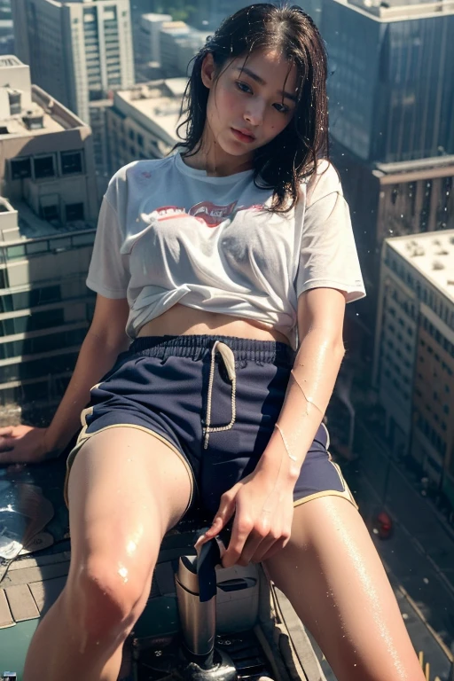 ((top-quality、in 8K、masterpiece:1.3、Raw photo))、Super high quality photos, tropical jungle、((Aerial Photography)), Very beautiful Japan idols, Slim legs, ((Put your hand inside your shorts and press your crotch.))、 ((protruding nipples under the shirt,)), ((Camel toe))、((Put your hand inside your shorts and press your crotch.))、 The whole body is wet with sweat、Hair is also wet, Jungle background, with spreading legs、((I put my hand inside my shorts))、(Photorealistic: 1.4), (hyper realisitic: 1.4), (Realistic: 1.3), (Smooth lighting: 1.05), (Improved film illumination quality: 0. 9), 32K, 1 girl, 20yr old, ((Put your hand inside your shorts and press your crotch.))、(Quality Improvement: 1.4), (Realistic skin texture of the highest quality: 1.4), Narrow eyes, Narrow face, Fine eyes, with spreading legs、((I put my hand inside my shorts))、 (Strengthens the atmosphere of the body line: 1.1), (Beautiful skin texture enhancement: 1.1), Cinematic lighting、Hair is wet、with spreading legs、((Slip your hand inside your shorts))、(rainy wet、Wet in the rain、Wet body:1.2)、with spreading legs、((Slip your hand inside your shorts))、((Put your hand inside your shorts and press your crotch.))、((Aerial Photography)),