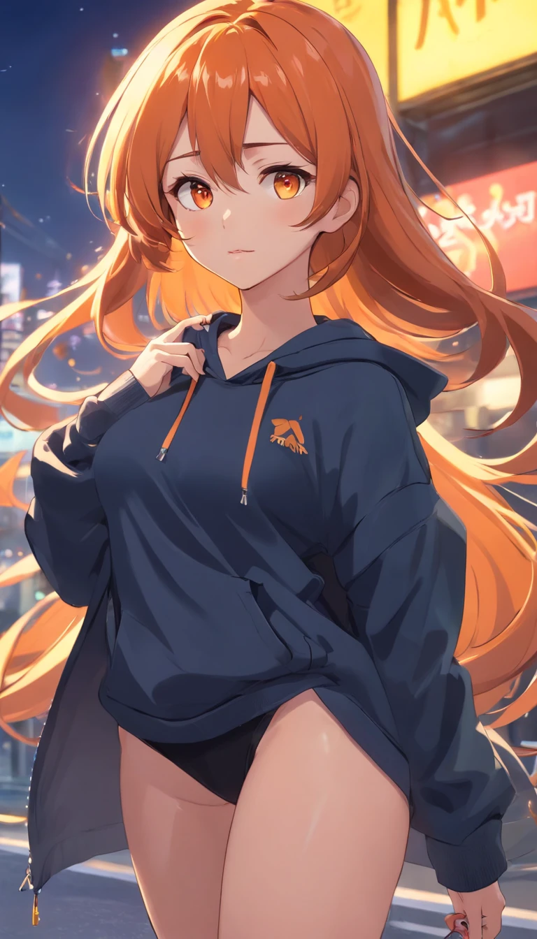 masterpiece、top-quality、Movie stills、1 female、Orange hair、Colossal tits、Huge ass、Fitting black leggings suit、yellow eyes、thick thighs、Long wavy hair、wide hips、Thigh muscles、Strong thighs、White hoodie 、(Spark:0.7)、eye glass、Hats