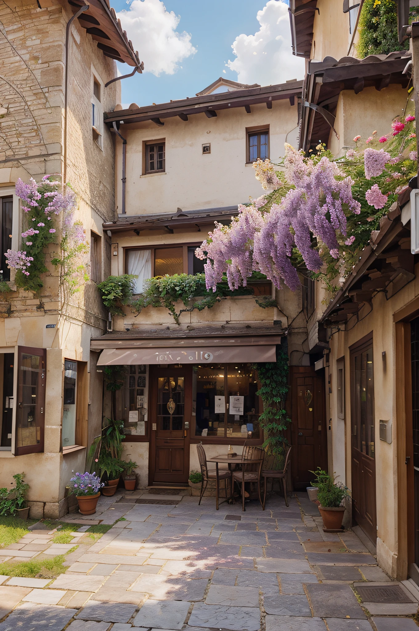 painting of an a old floral street cafe,french, beautiful scenery, stone pavement , purple colour theme, wisteria flowers hanging over cafe,((glistening look)),ghibi style, hd, High quality, water reflection, bushes,4k hd, cloud,beautiful art uhd 4 k, a beautiful artwork illustration, beautiful digital painting, highly detailed digital painting, beautiful digital artwork, detailed painting 4 k, very detailed digital painting, rich picturesque colors, gorgeous digital painting